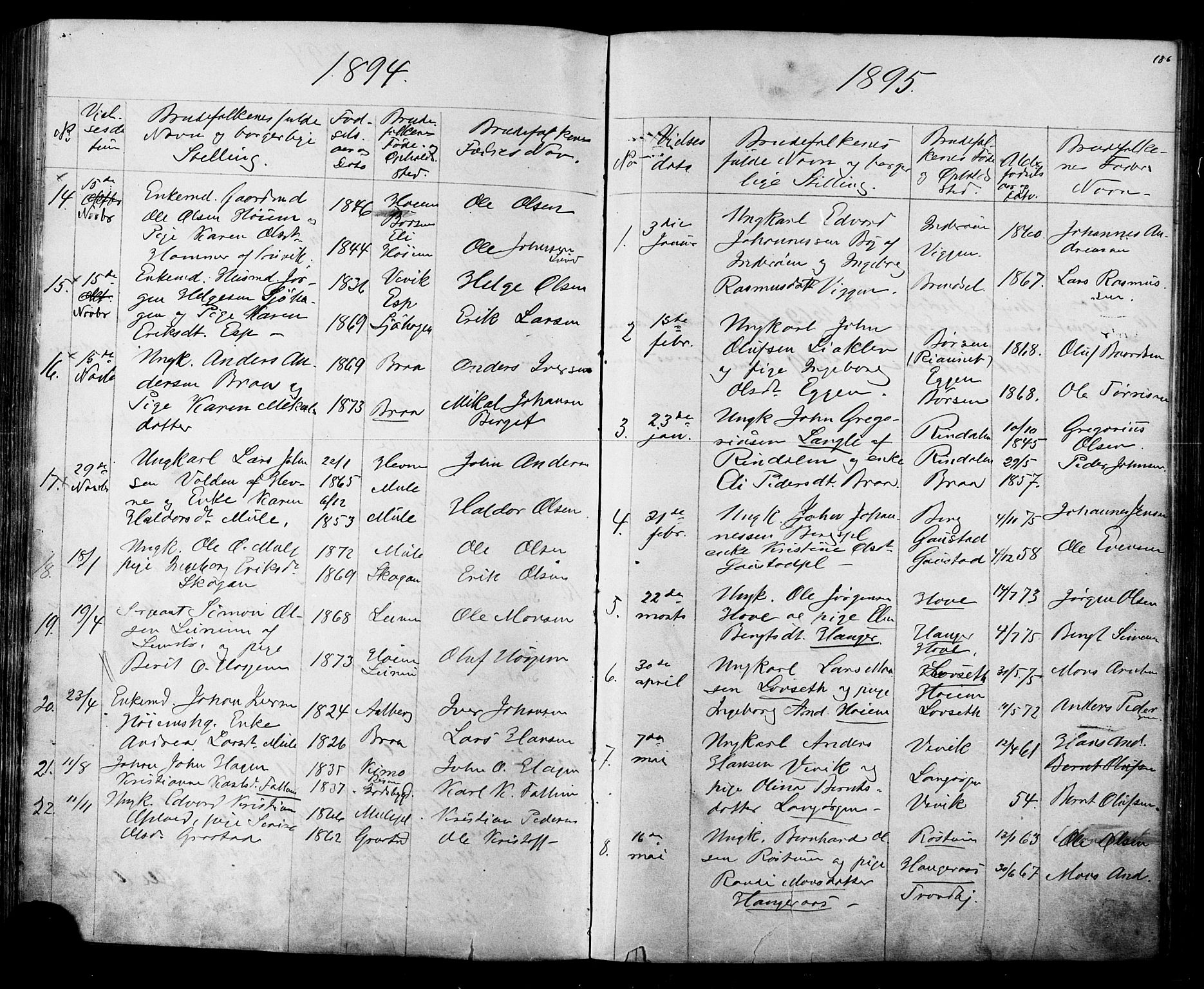 Ministerialprotokoller, klokkerbøker og fødselsregistre - Sør-Trøndelag, SAT/A-1456/612/L0387: Parish register (copy) no. 612C03, 1874-1908, p. 186