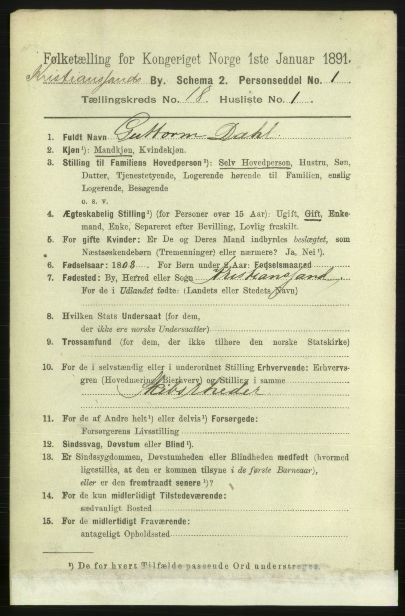 RA, 1891 census for 1001 Kristiansand, 1891, p. 7196