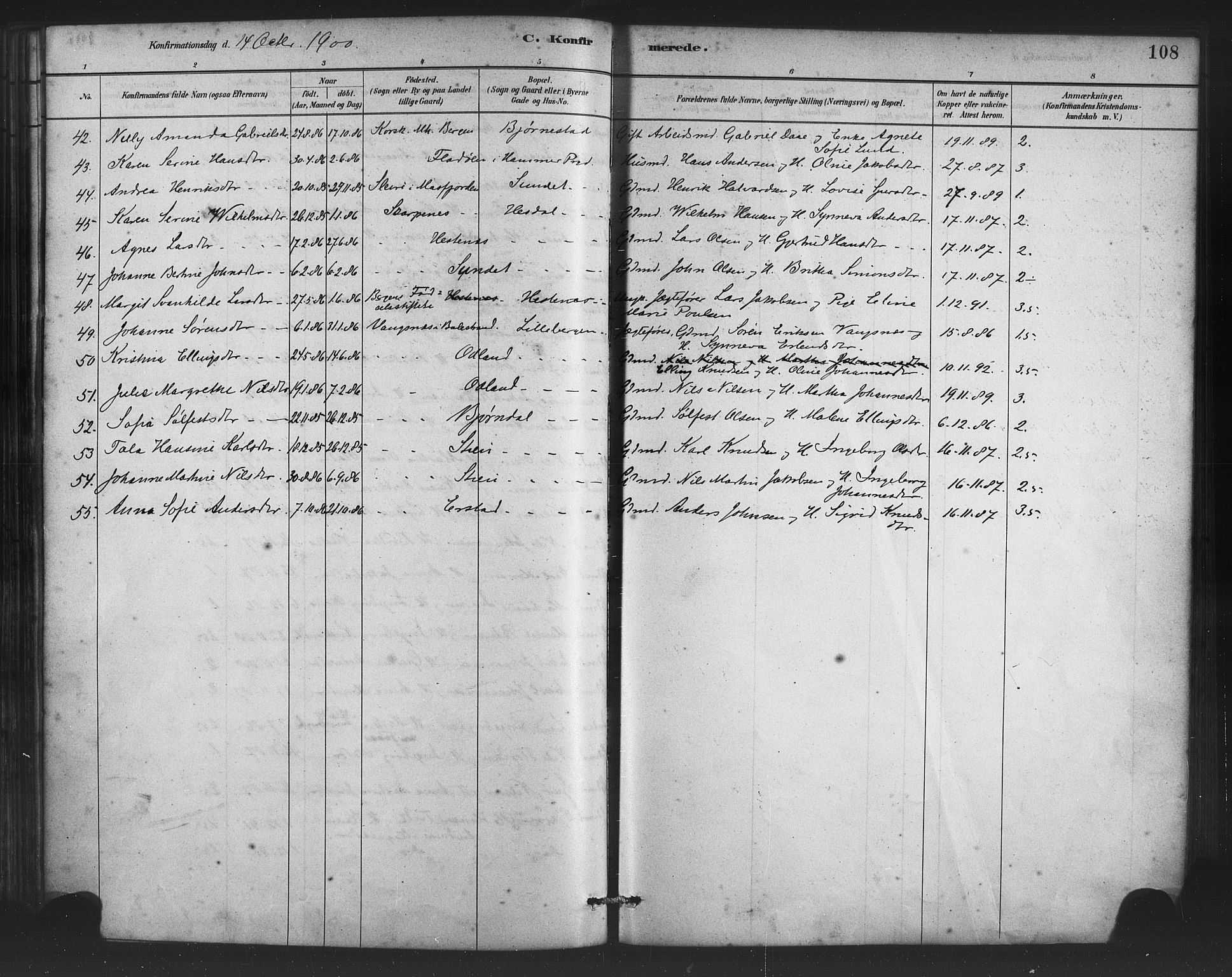 Alversund Sokneprestembete, AV/SAB-A-73901/H/Ha/Haa/Haac/L0001: Parish register (official) no. C 1, 1882-1900, p. 108