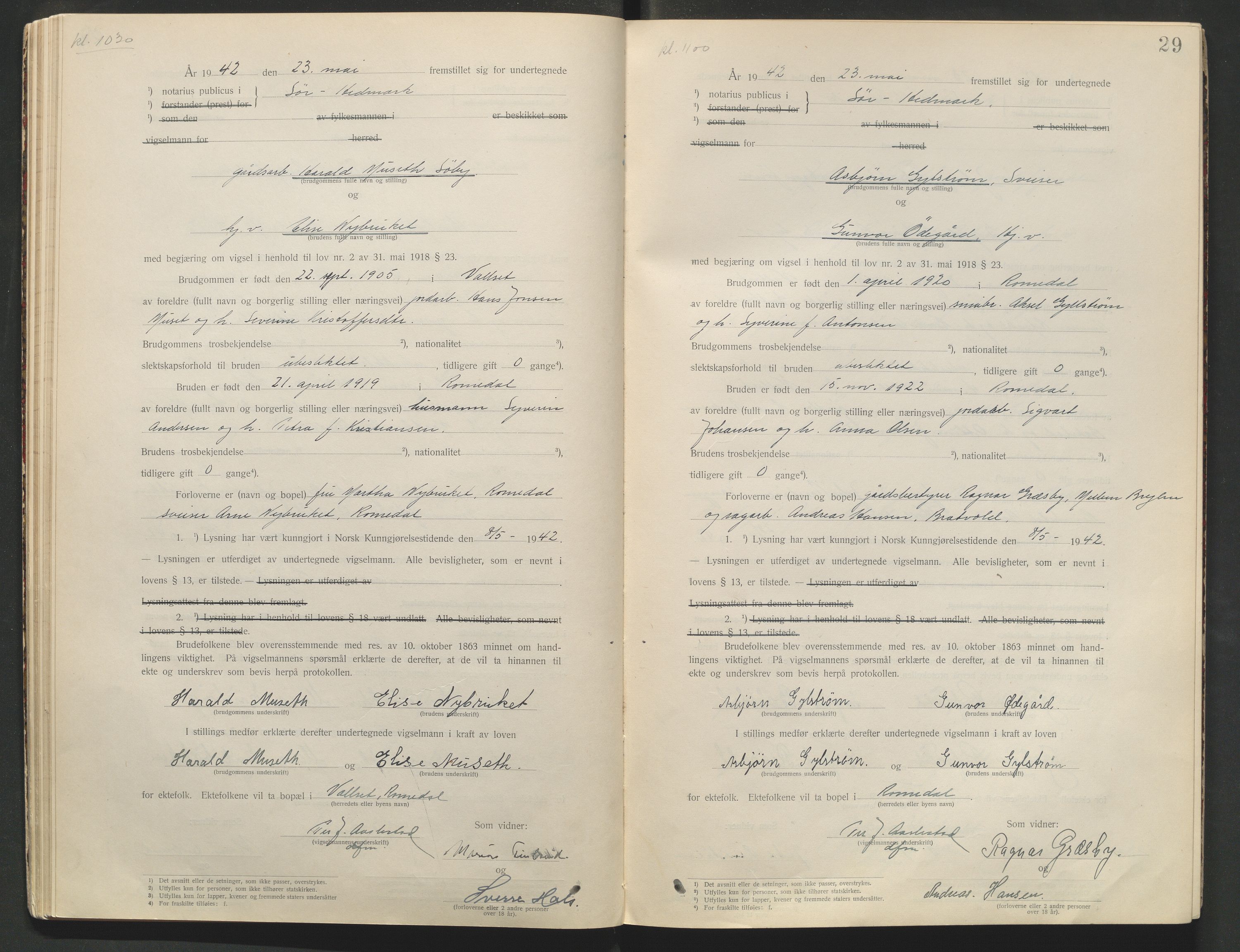 Sør-Hedmark sorenskriveri, AV/SAH-TING-014/L/Le/L0001/0002: Vigselbøker / Vigselbok, 1938-1942, p. 29