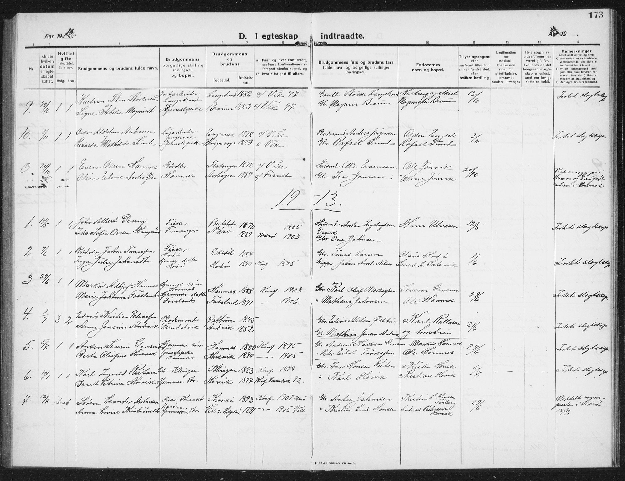 Ministerialprotokoller, klokkerbøker og fødselsregistre - Nord-Trøndelag, AV/SAT-A-1458/774/L0630: Parish register (copy) no. 774C01, 1910-1934, p. 173