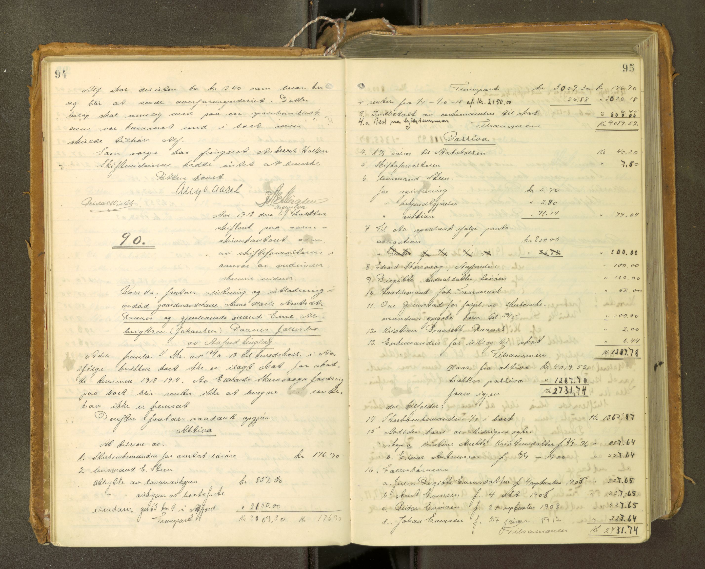 Fosen sorenskriveri, AV/SAT-A-1107/1/3/3A/L0031: Skifteutlodningsprotokoll nr. 10, 1913-1919, p. 94-95