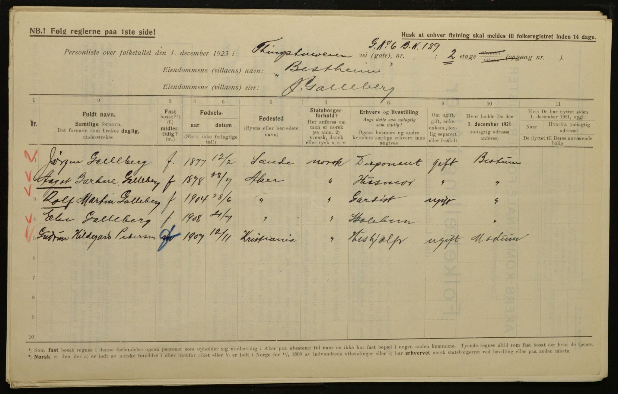 , Municipal Census 1923 for Aker, 1923, p. 23