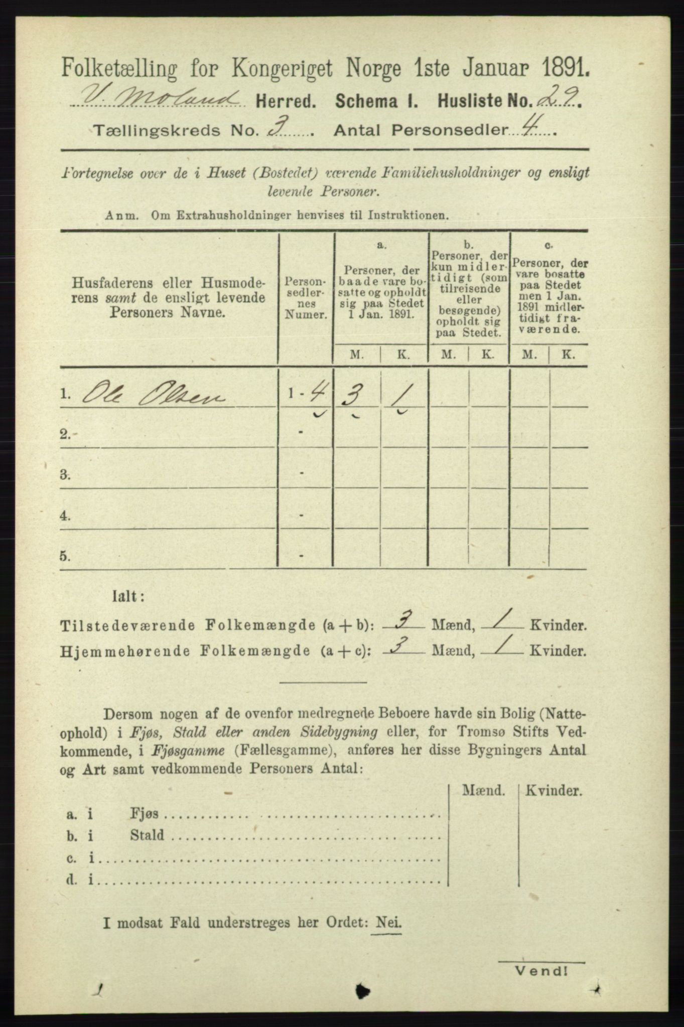 RA, 1891 census for 0926 Vestre Moland, 1891, p. 950