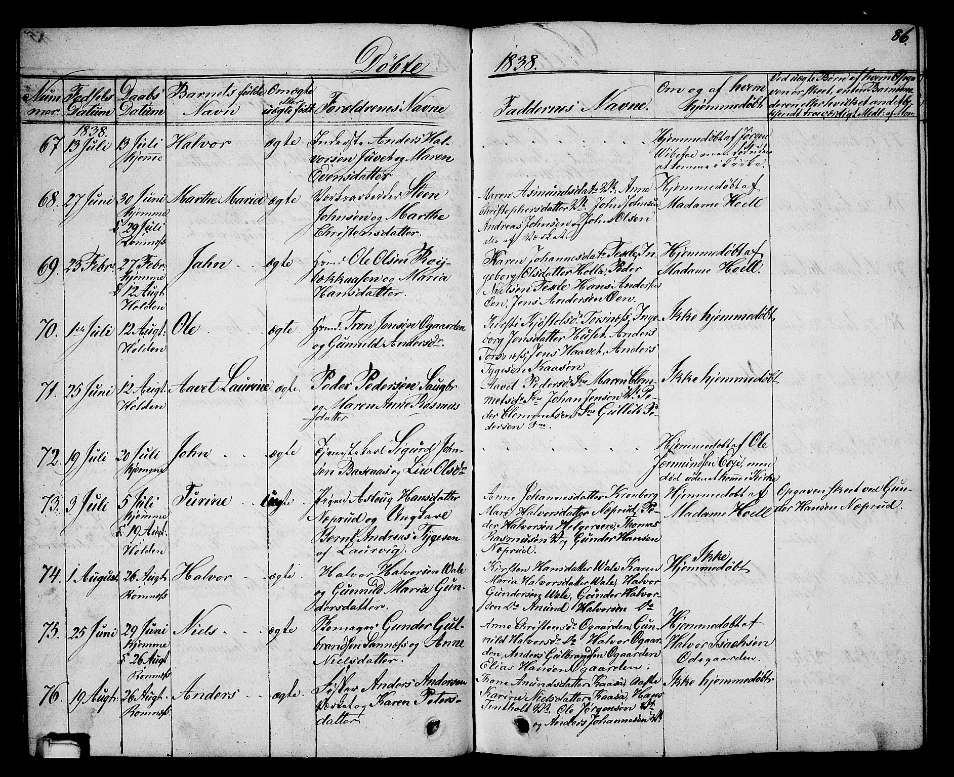 Holla kirkebøker, SAKO/A-272/G/Ga/L0002: Parish register (copy) no. I 2, 1830-1848, p. 86