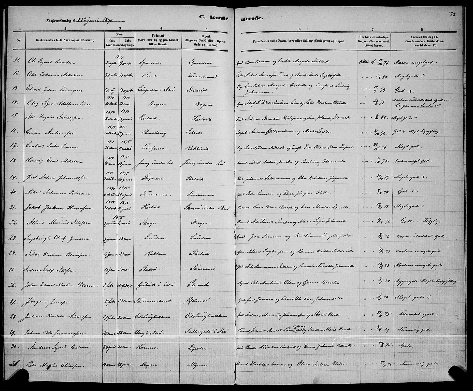 Ministerialprotokoller, klokkerbøker og fødselsregistre - Nord-Trøndelag, AV/SAT-A-1458/780/L0651: Parish register (copy) no. 780C03, 1884-1898, p. 72