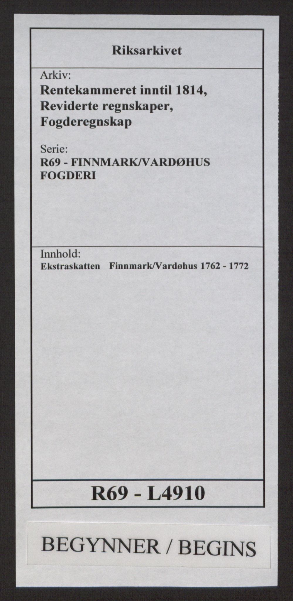 Rentekammeret inntil 1814, Reviderte regnskaper, Fogderegnskap, RA/EA-4092/R69/L4910: Ekstraskatten  Finnmark/Vardøhus, 1762-1772, p. 1