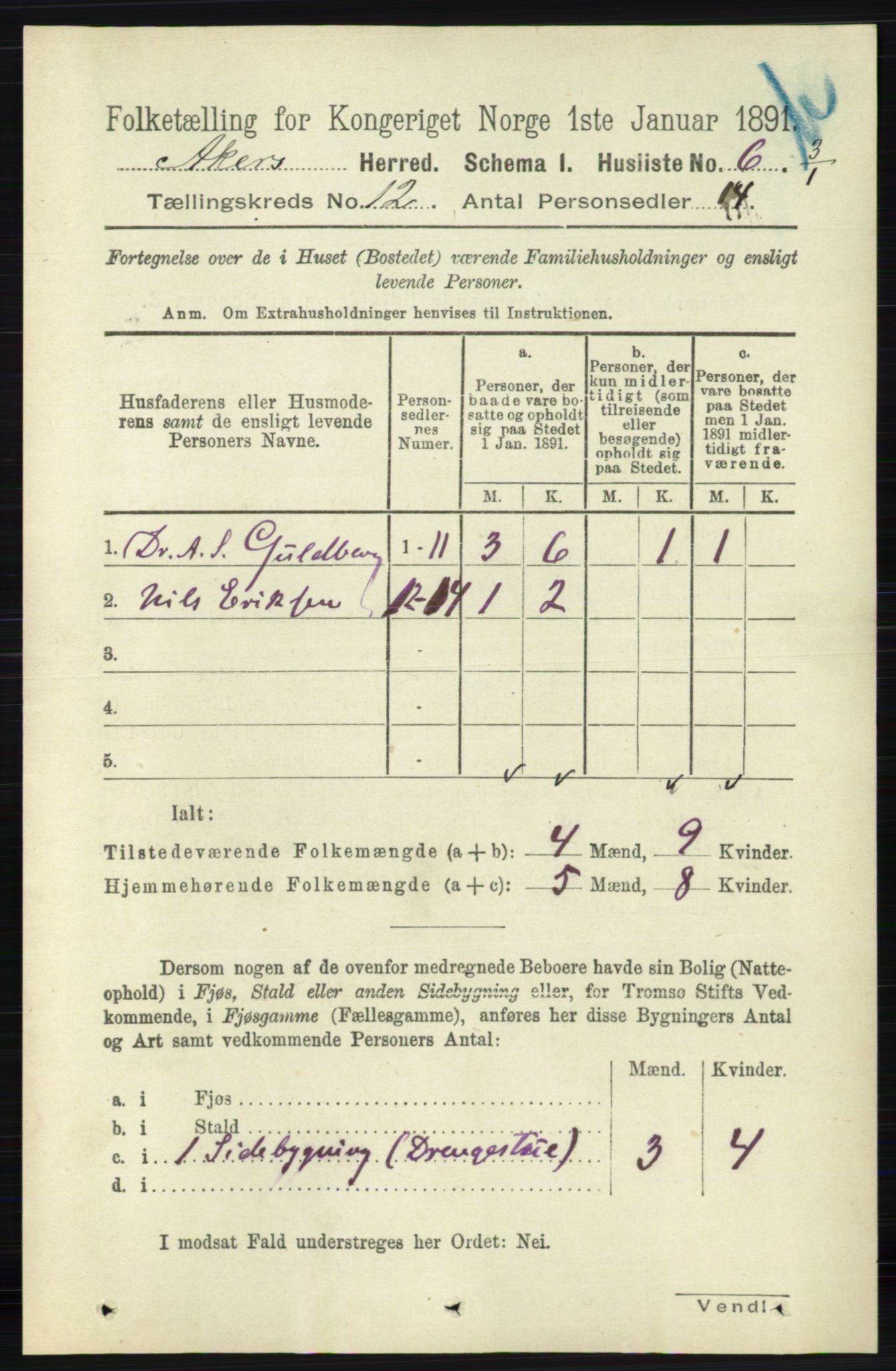 RA, 1891 census for 0218 Aker, 1891, p. 11341