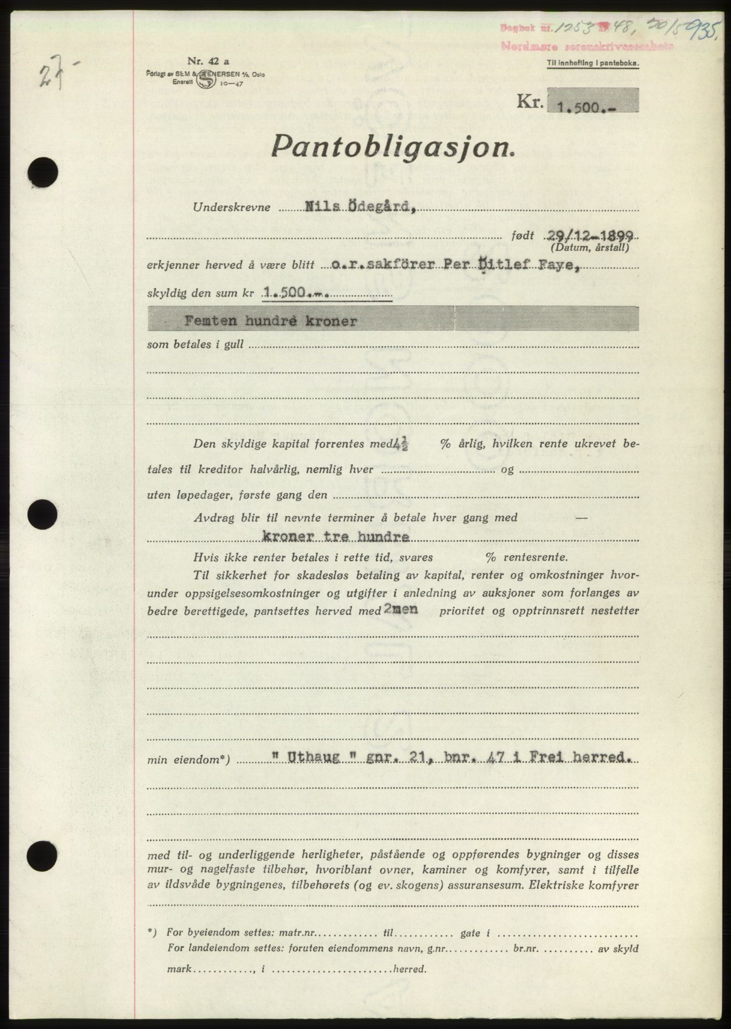 Nordmøre sorenskriveri, AV/SAT-A-4132/1/2/2Ca: Mortgage book no. B98, 1948-1948, Diary no: : 1253/1948