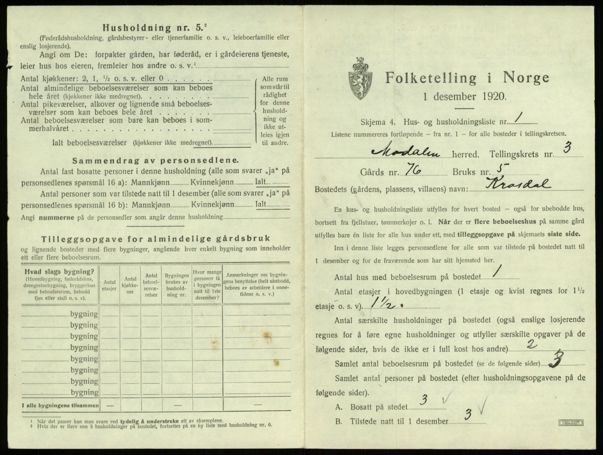 SAB, 1920 census for Modalen, 1920, p. 77
