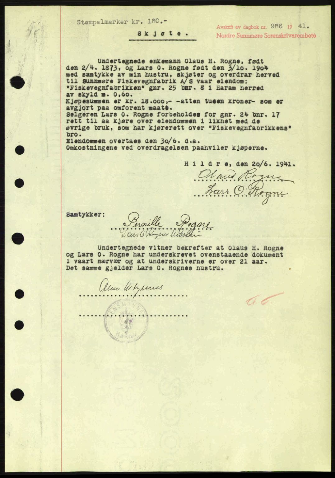 Nordre Sunnmøre sorenskriveri, AV/SAT-A-0006/1/2/2C/2Ca: Mortgage book no. A11, 1941-1941, Diary no: : 986/1941