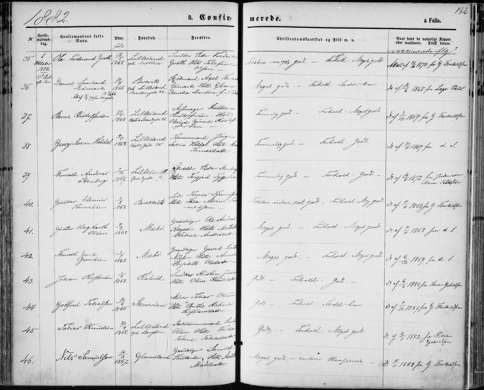 Vestre Moland sokneprestkontor, AV/SAK-1111-0046/F/Fa/Fab/L0008: Parish register (official) no. A 8, 1873-1883, p. 182