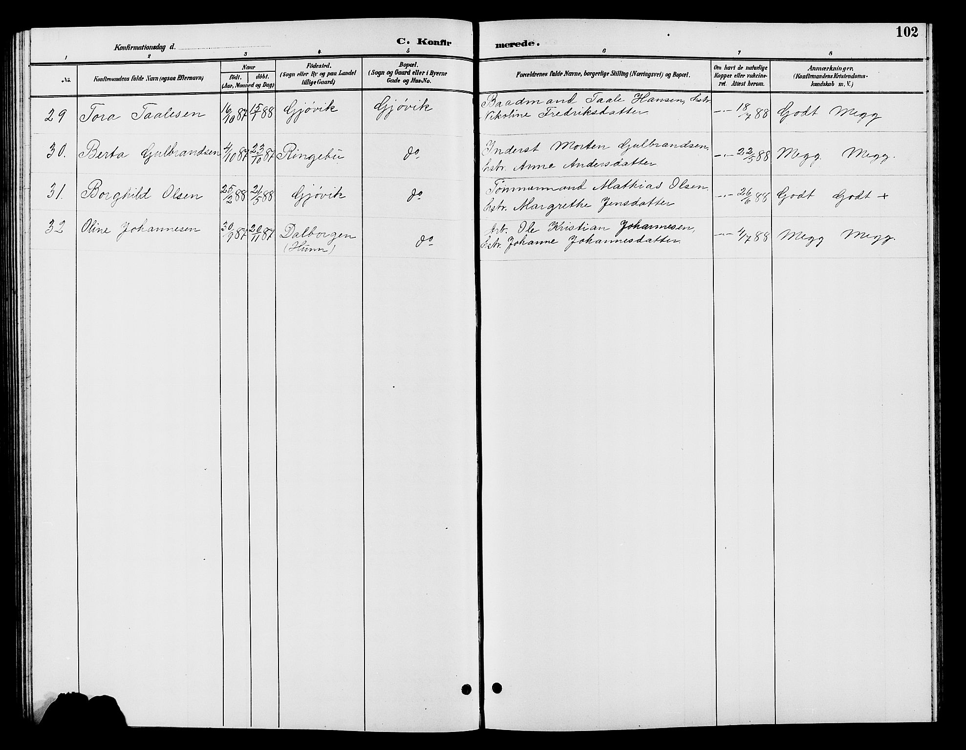 Vardal prestekontor, SAH/PREST-100/H/Ha/Hab/L0009: Parish register (copy) no. 9, 1894-1902, p. 102