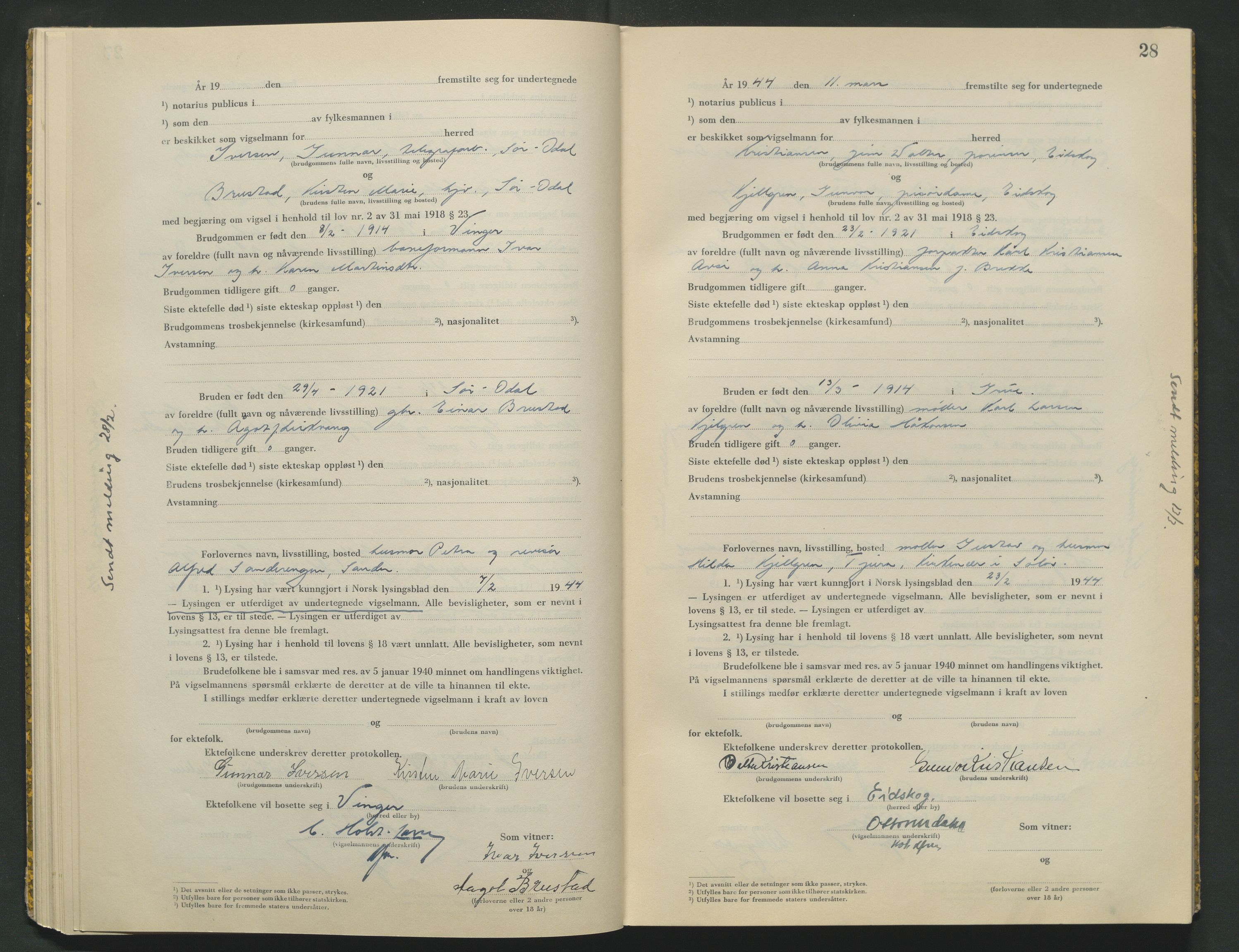 Vinger og Odal sorenskriveri, AV/SAH-TING-022/L/Lb/L0003: Vigselsprotokoll, 1943-1944, p. 28