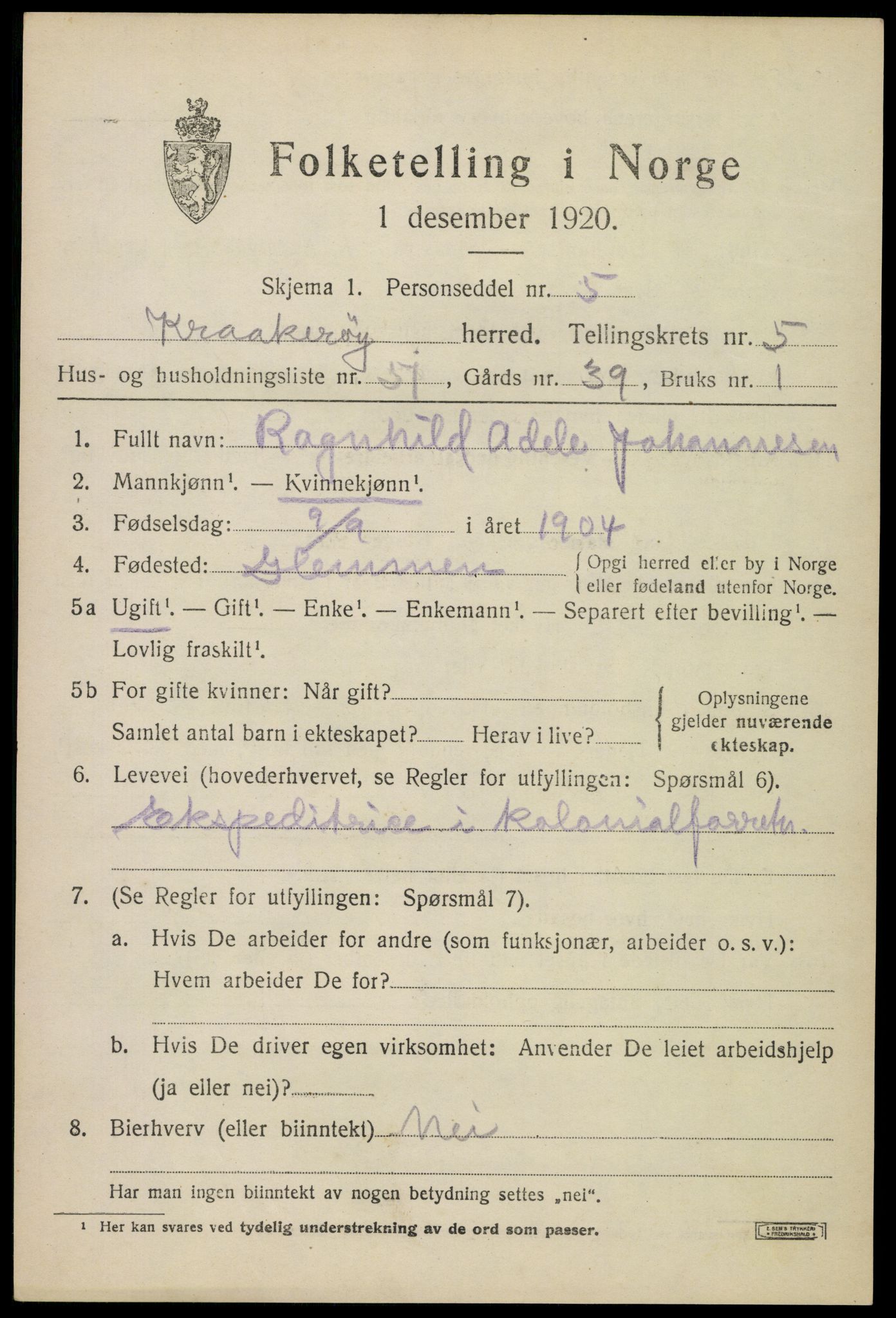 SAO, 1920 census for Kråkerøy, 1920, p. 6704