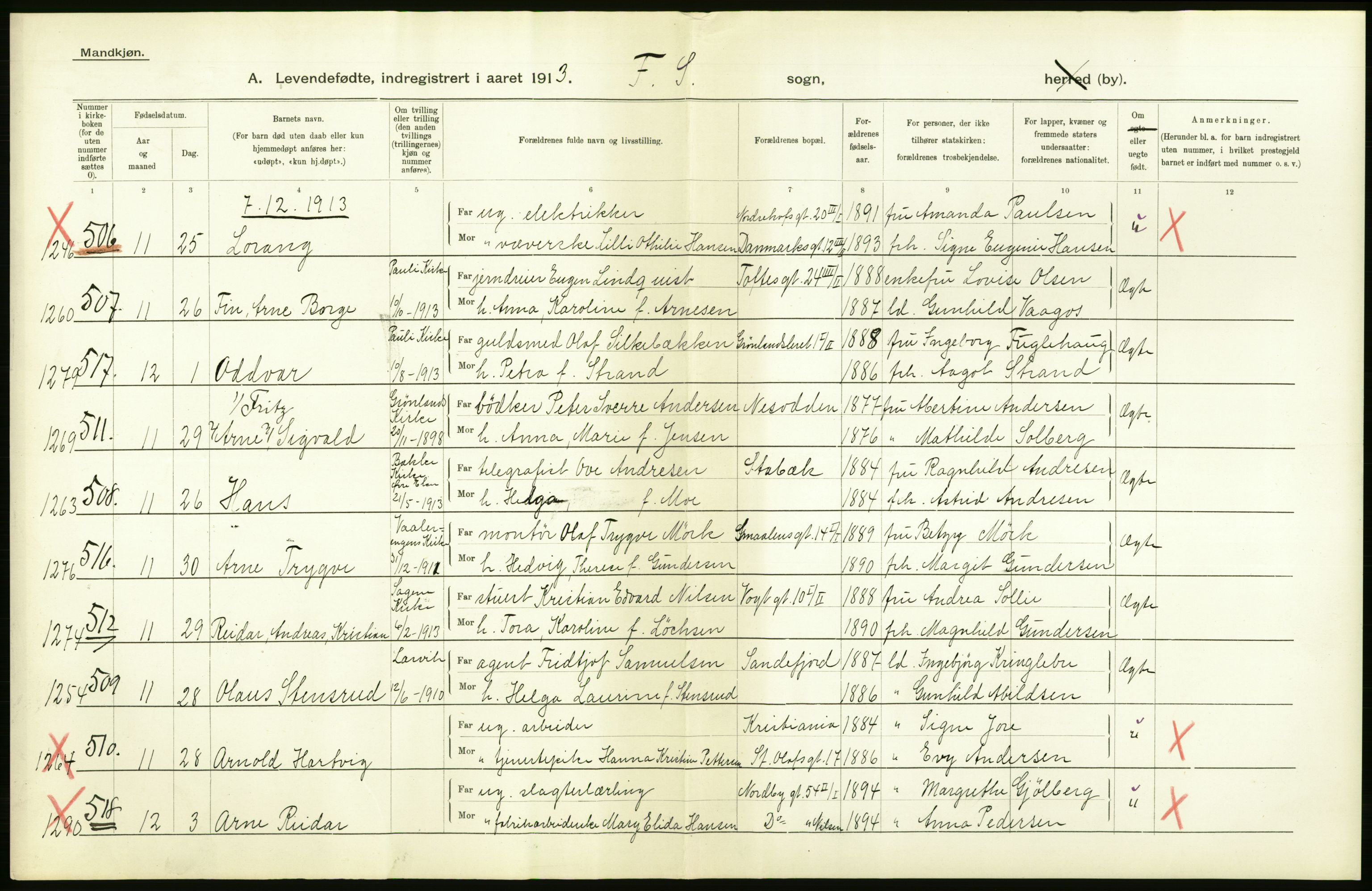 Statistisk sentralbyrå, Sosiodemografiske emner, Befolkning, AV/RA-S-2228/D/Df/Dfb/Dfbc/L0007: Kristiania: Levendefødte menn og kvinner., 1913, p. 14