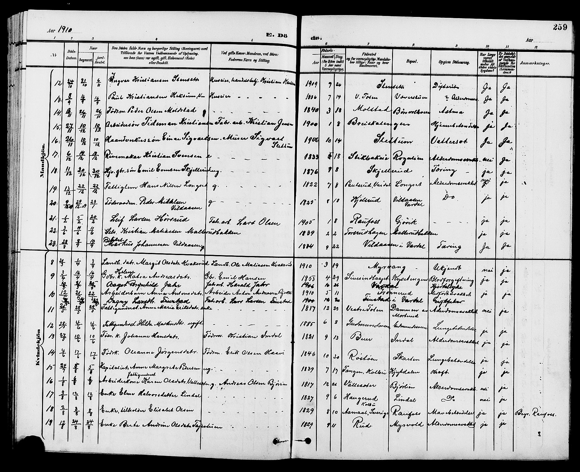 Vestre Toten prestekontor, SAH/PREST-108/H/Ha/Hab/L0010: Parish register (copy) no. 10, 1900-1912, p. 259