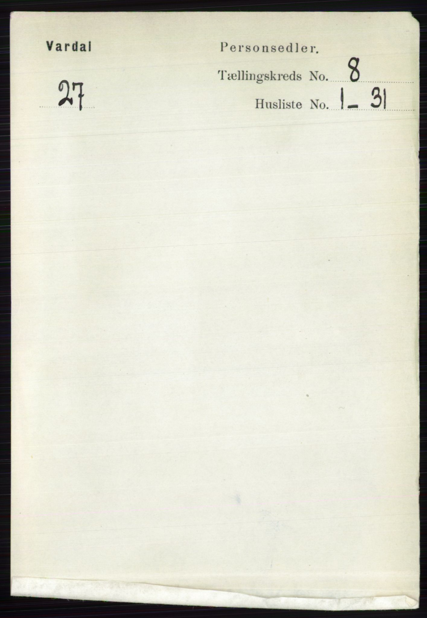 RA, 1891 census for 0527 Vardal, 1891, p. 3689