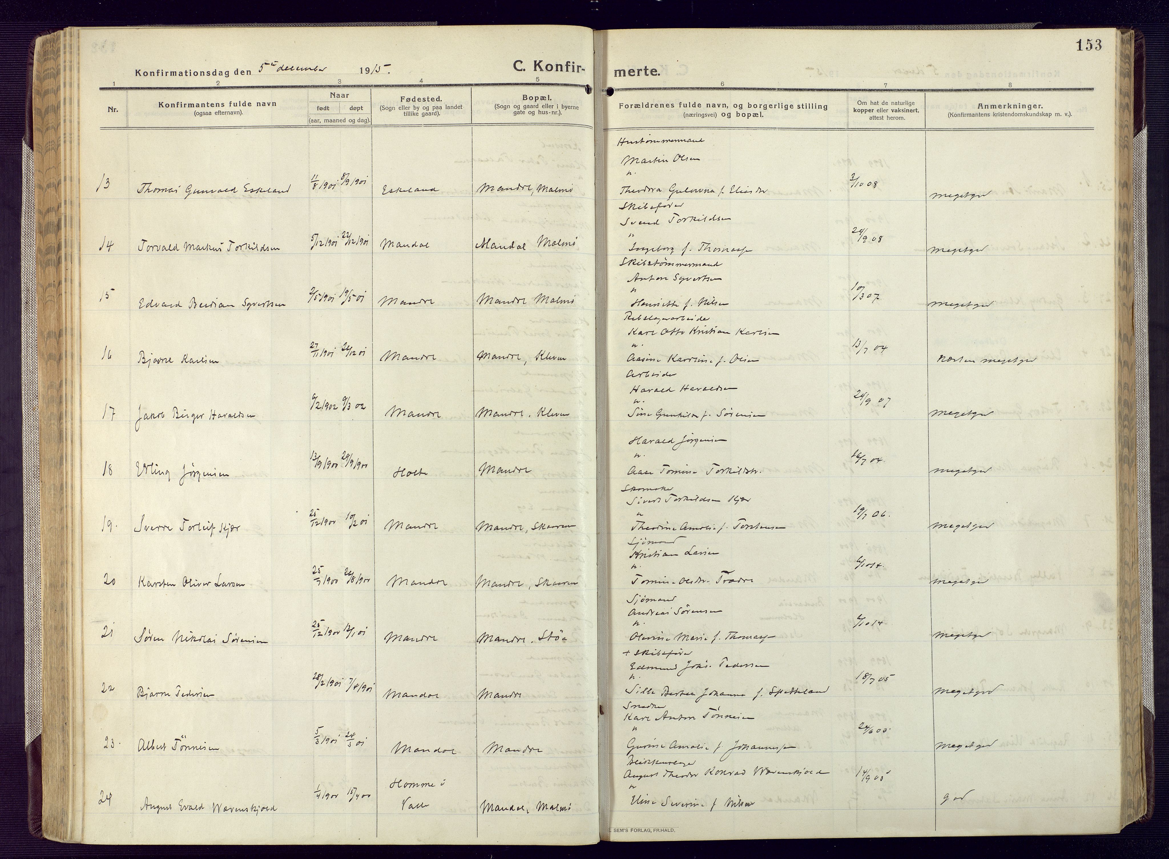 Mandal sokneprestkontor, AV/SAK-1111-0030/F/Fa/Fac/L0001: Parish register (official) no. A 1, 1913-1925, p. 153