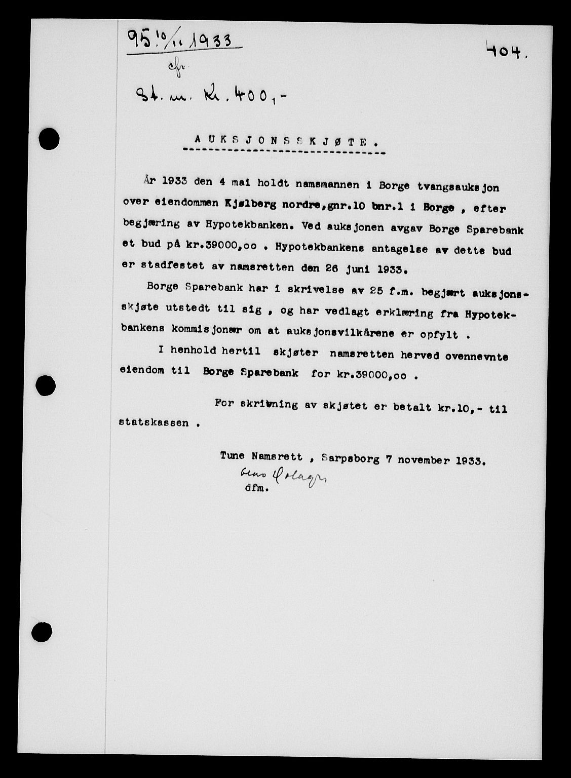 Tune sorenskriveri, AV/SAO-A-10470/G/Gb/Gbb/L0004: Mortgage book no. II 20-24, 1933-1935, Deed date: 10.11.1933