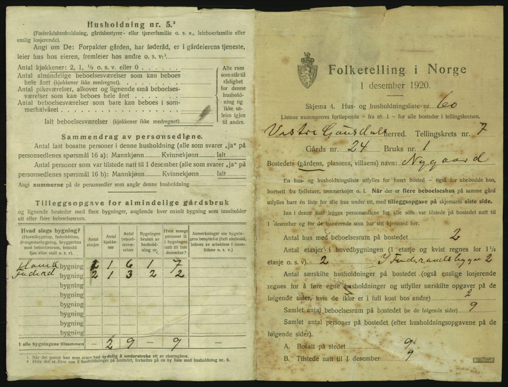 SAH, 1920 census for Vestre Gausdal, 1920, p. 911