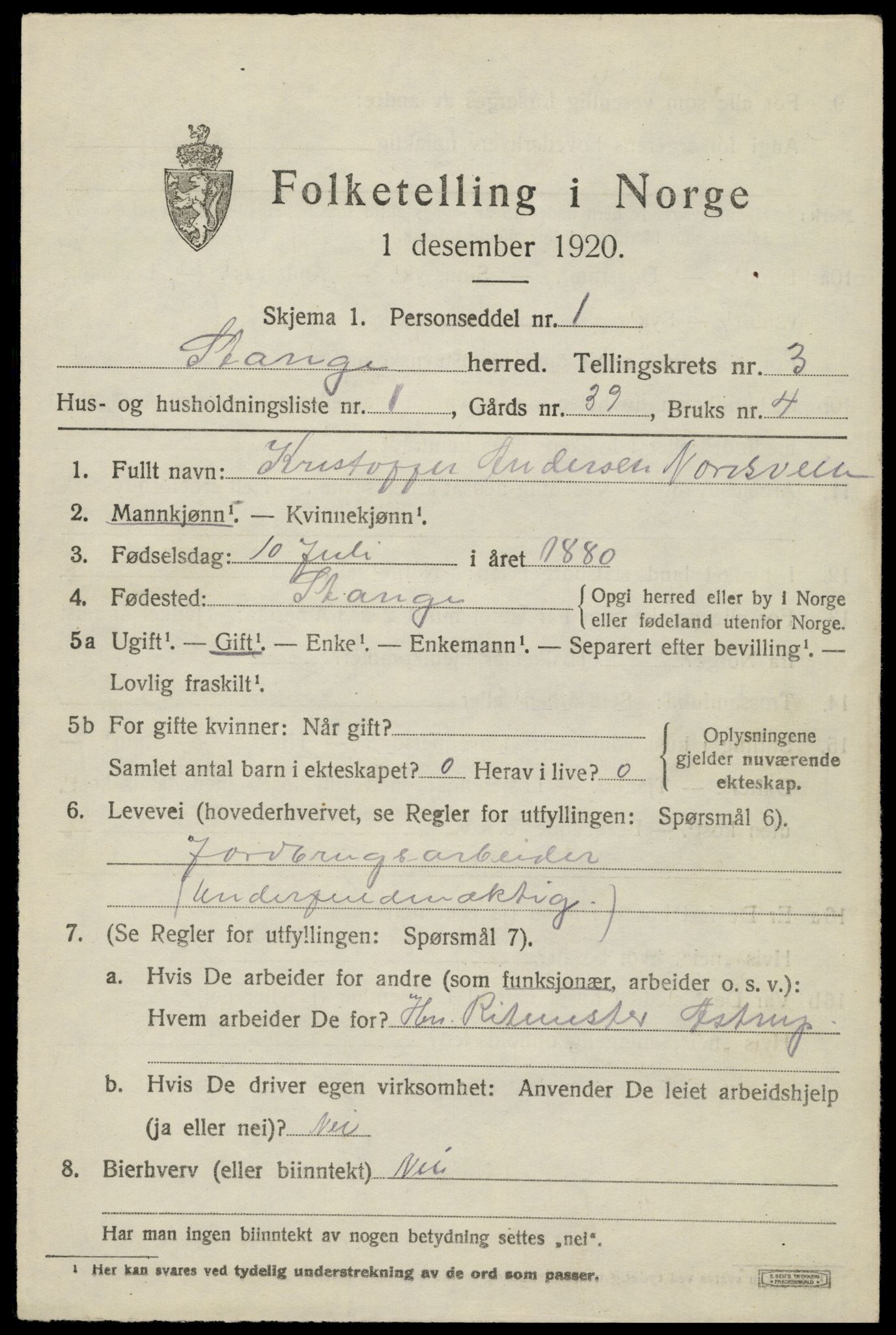 SAH, 1920 census for Stange, 1920, p. 5199