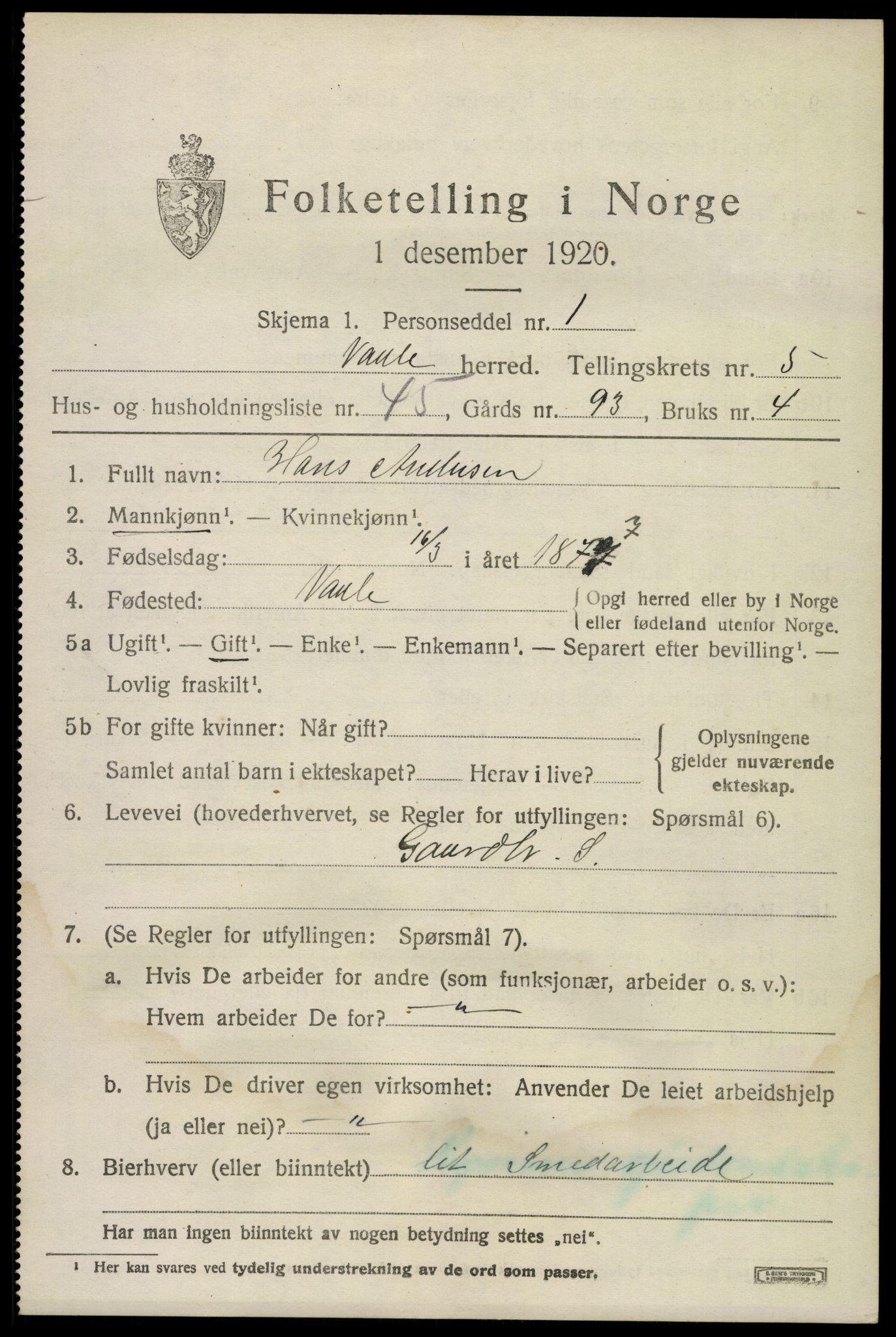 SAKO, 1920 census for Våle, 1920, p. 4148