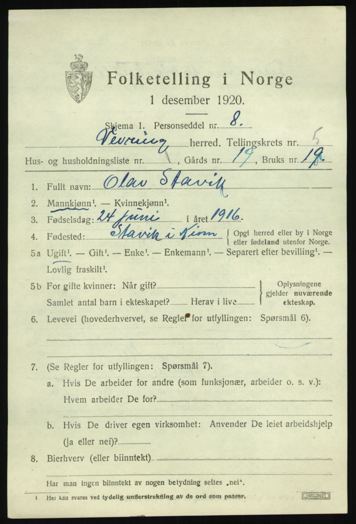 SAB, 1920 census for Vevring, 1920, p. 1430