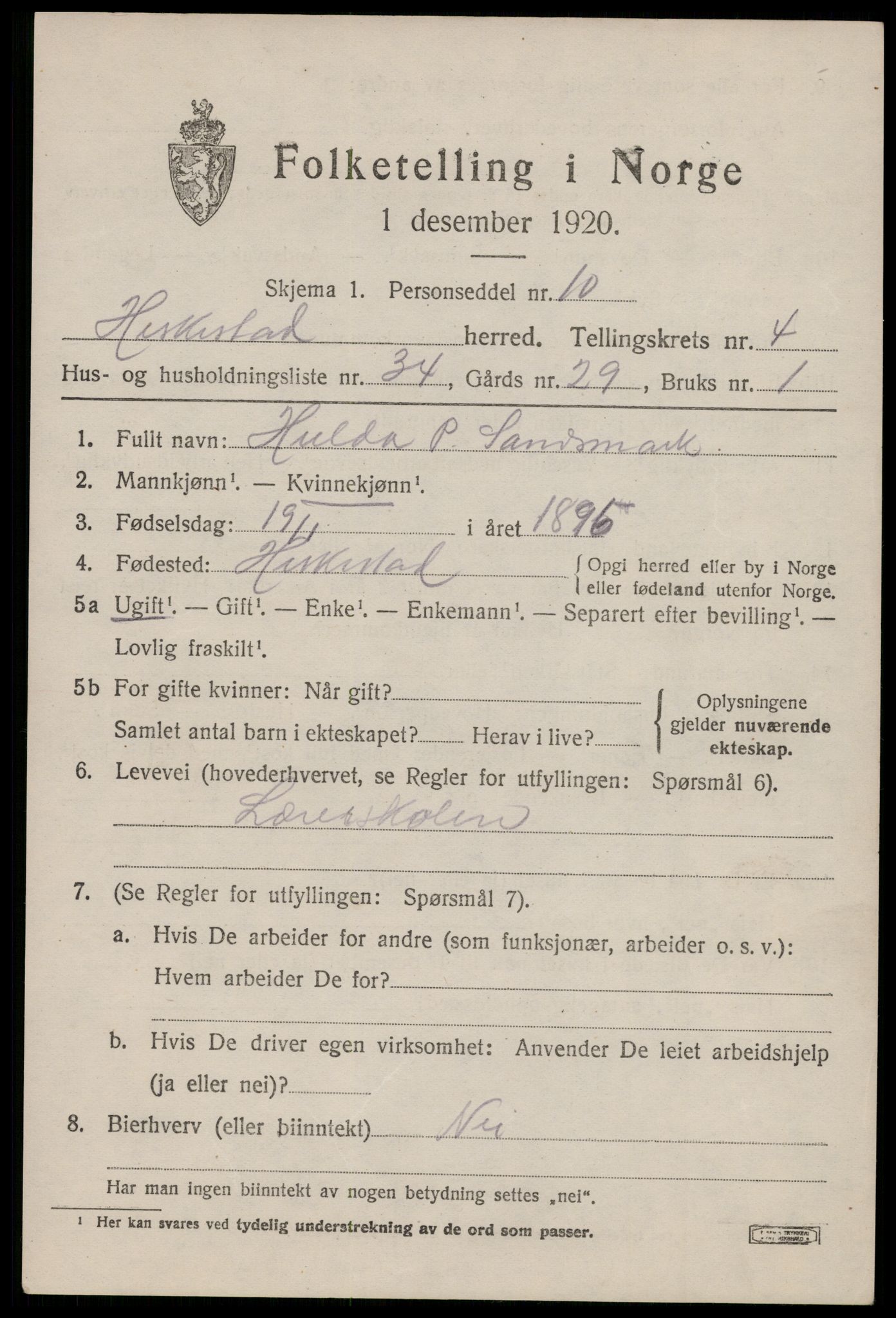 SAST, 1920 census for Heskestad, 1920, p. 1827