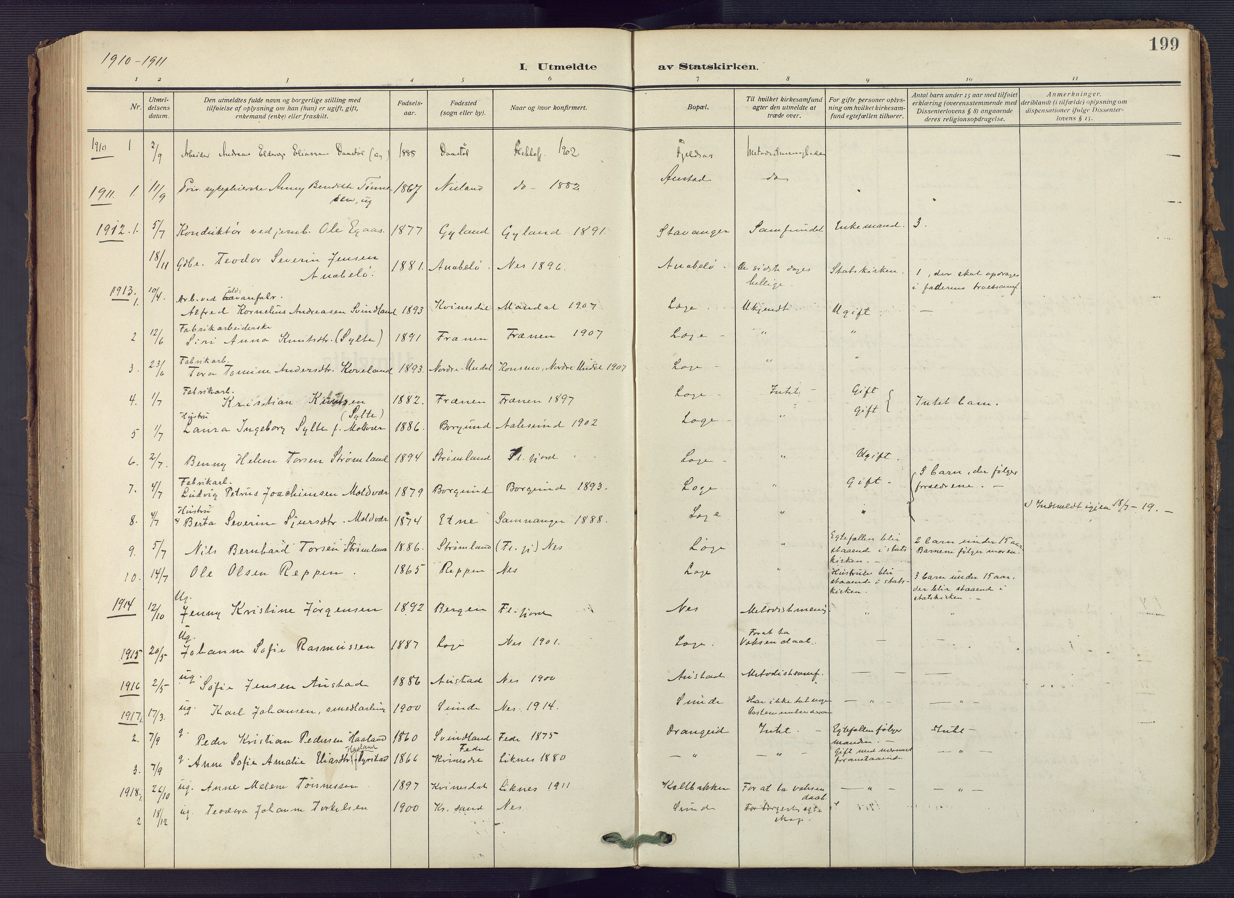 Flekkefjord sokneprestkontor, AV/SAK-1111-0012/F/Fa/Fac/L0010: Parish register (official) no. A 10, 1910-1927, p. 199