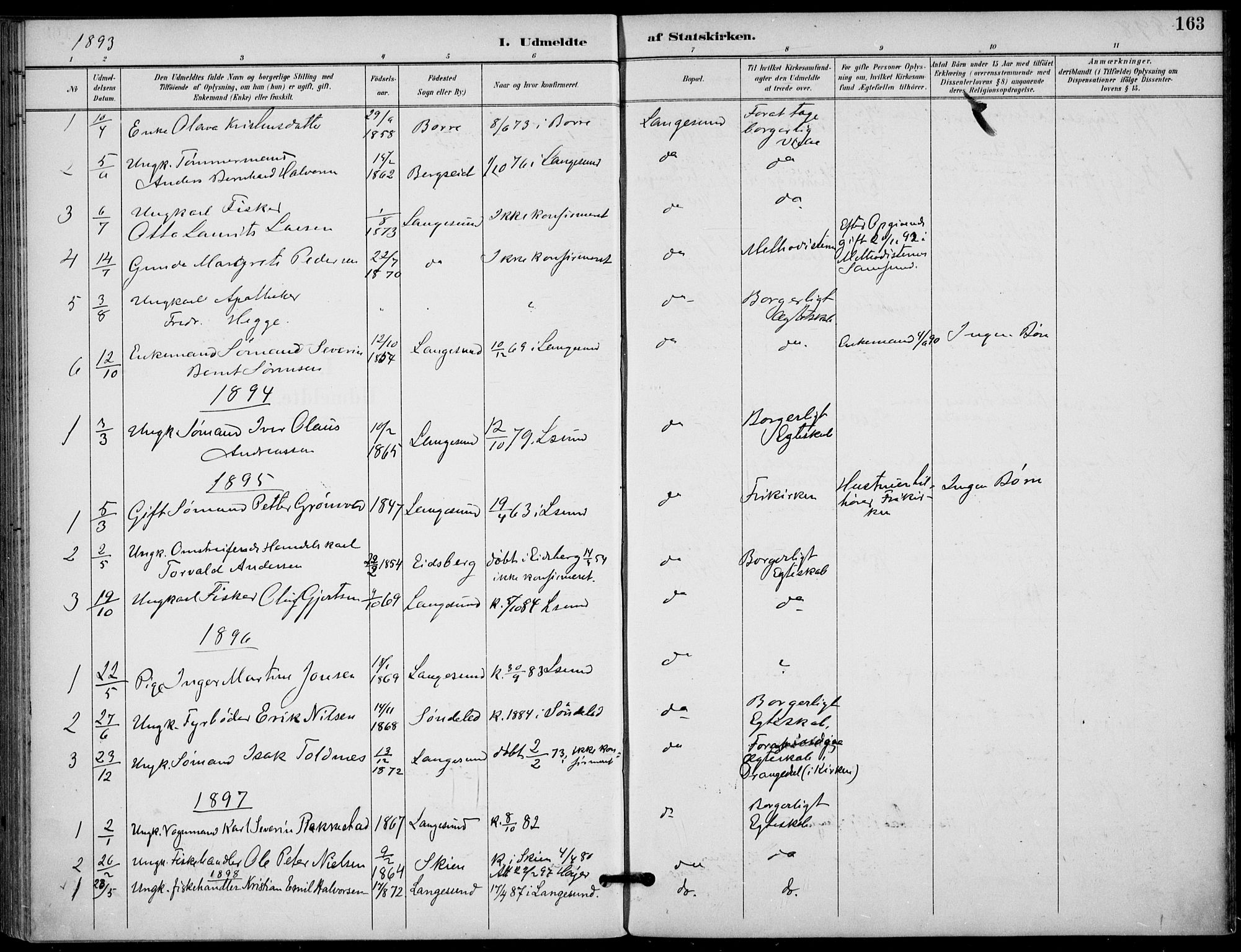 Langesund kirkebøker, SAKO/A-280/F/Fa/L0003: Parish register (official) no. 3, 1893-1907, p. 163