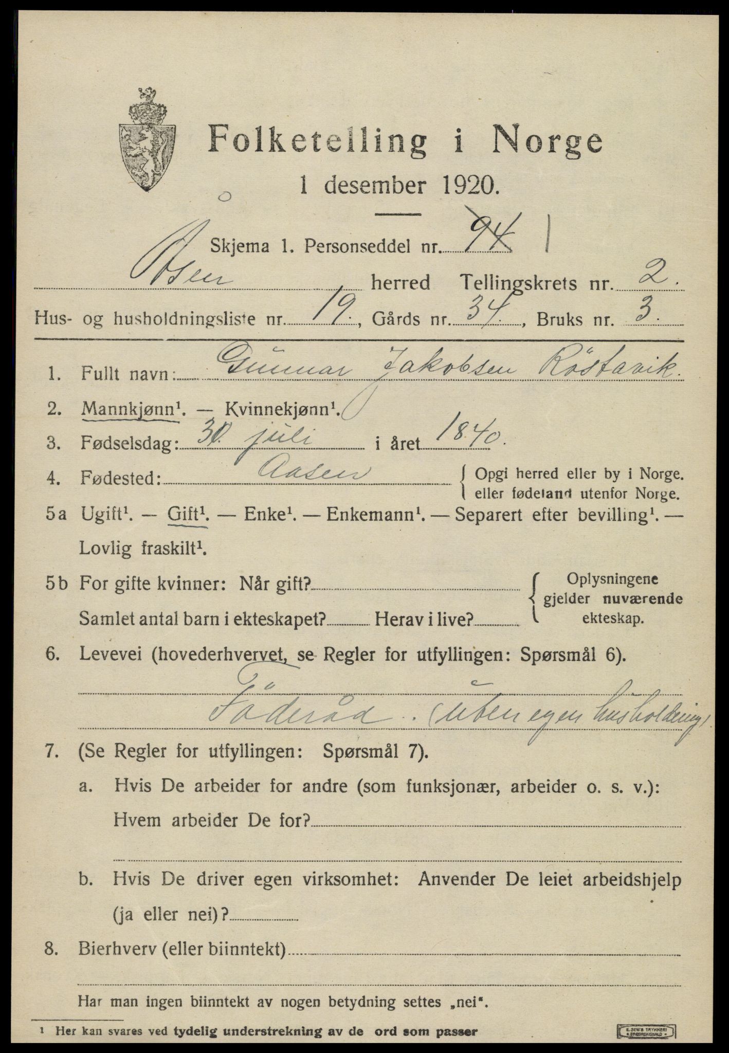 SAT, 1920 census for Åsen, 1920, p. 1894