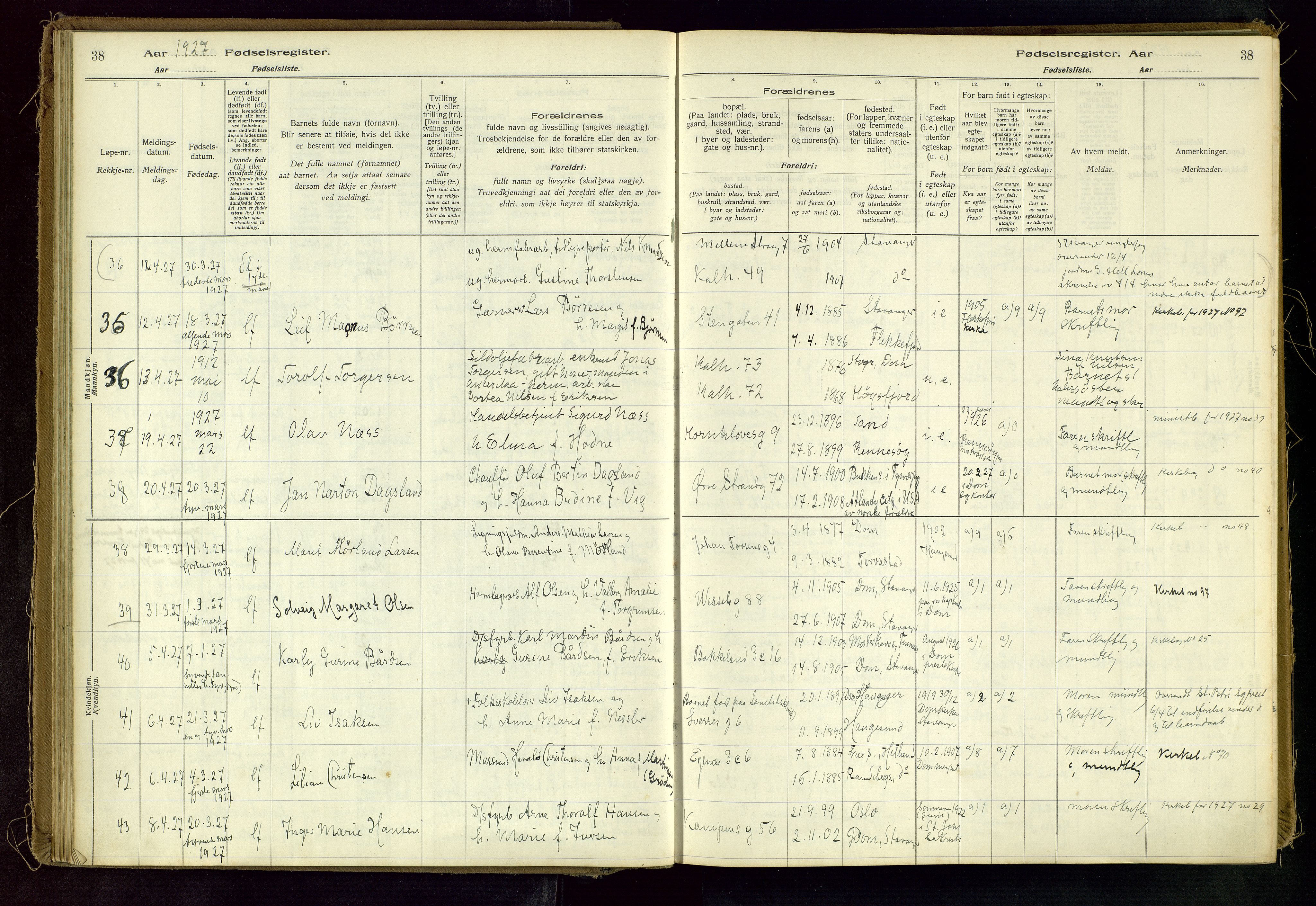 Domkirken sokneprestkontor, AV/SAST-A-101812/002/A/L0001: Birth register no. 1, 1925-1932, p. 38