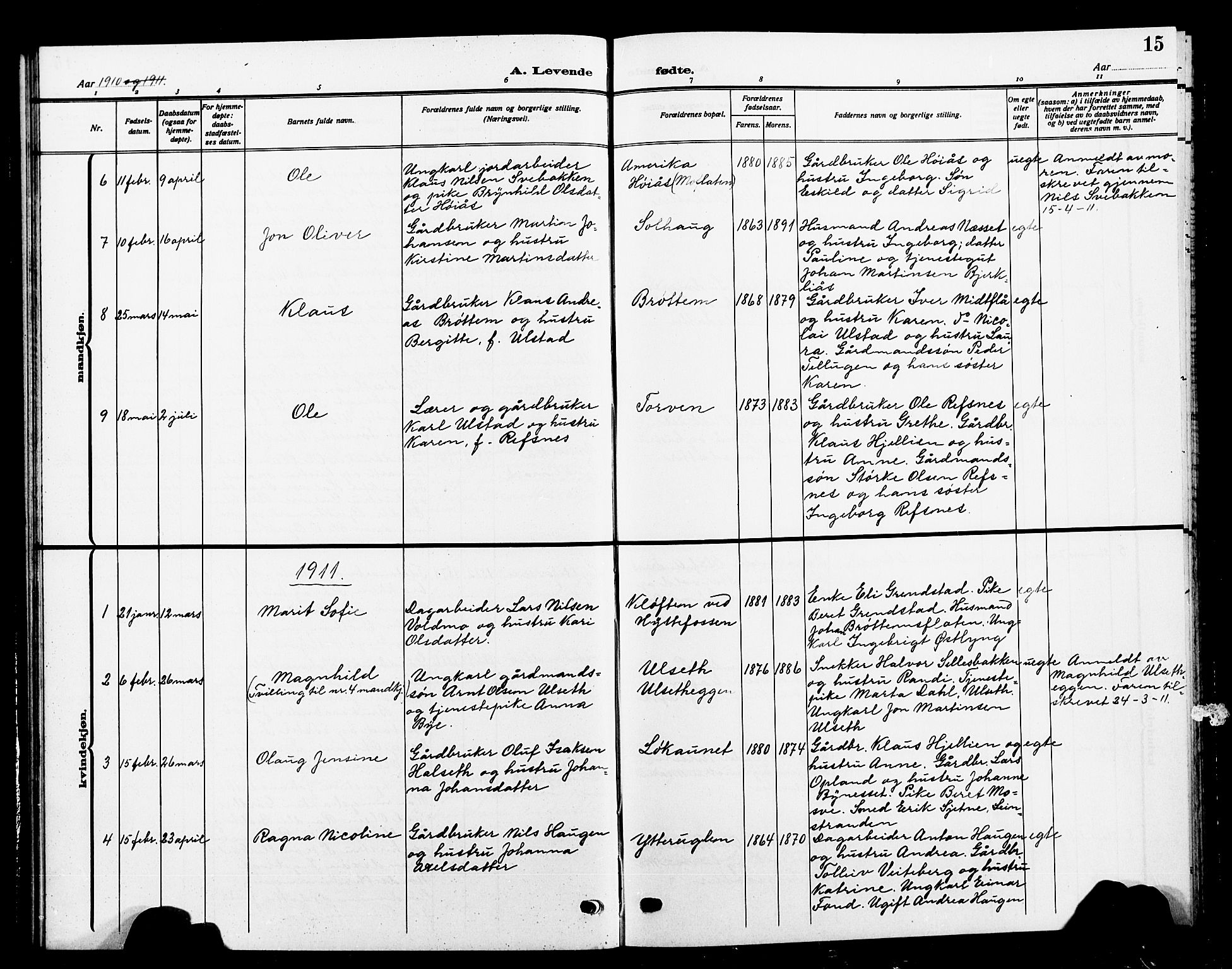 Ministerialprotokoller, klokkerbøker og fødselsregistre - Sør-Trøndelag, SAT/A-1456/618/L0453: Parish register (copy) no. 618C04, 1907-1925, p. 15