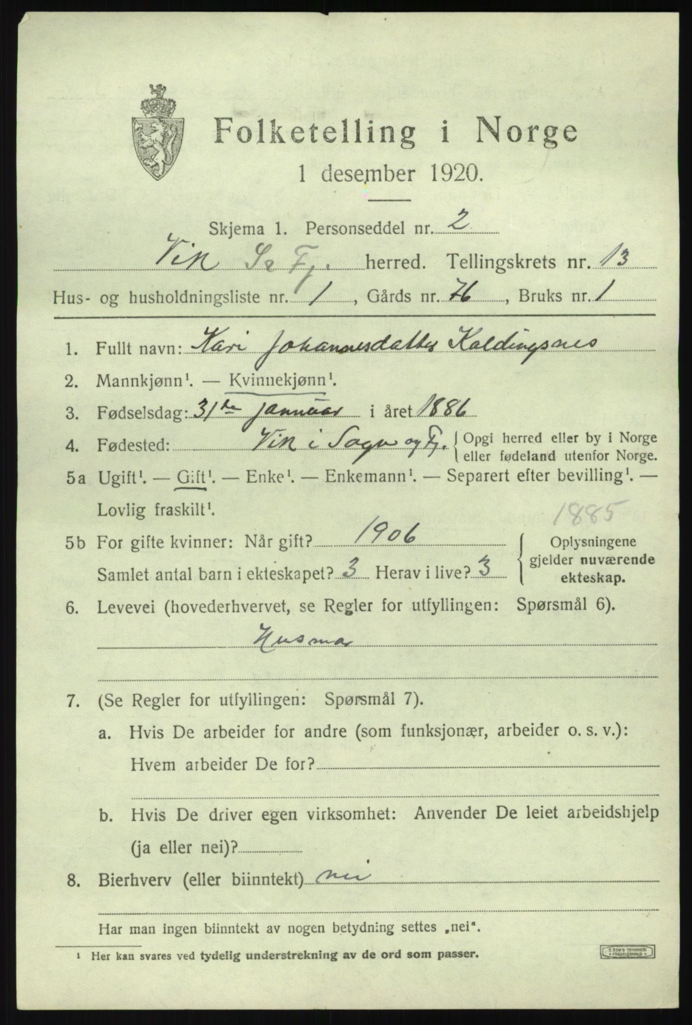 SAB, 1920 census for Vik, 1920, p. 7097