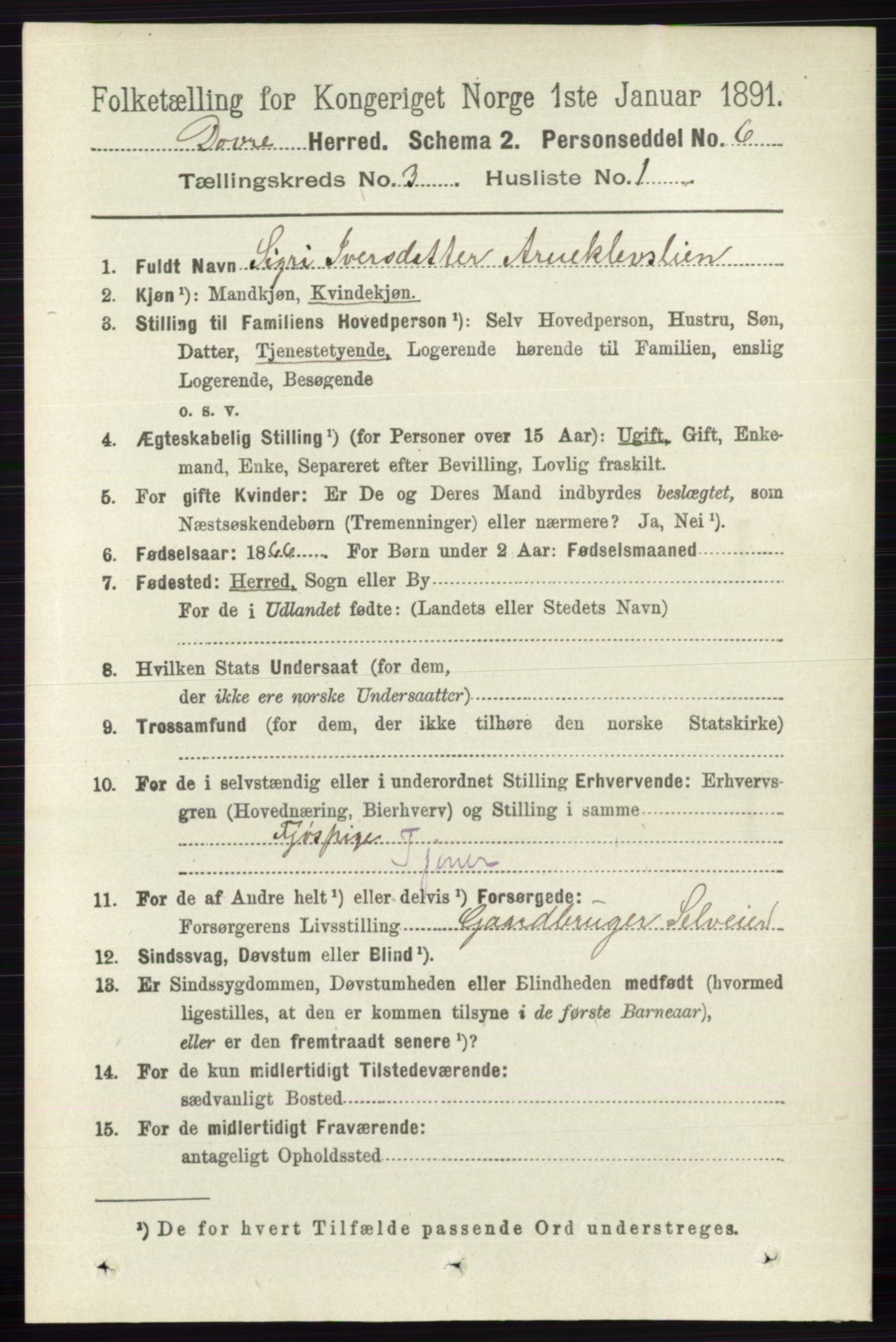 RA, 1891 census for 0511 Dovre, 1891, p. 1401