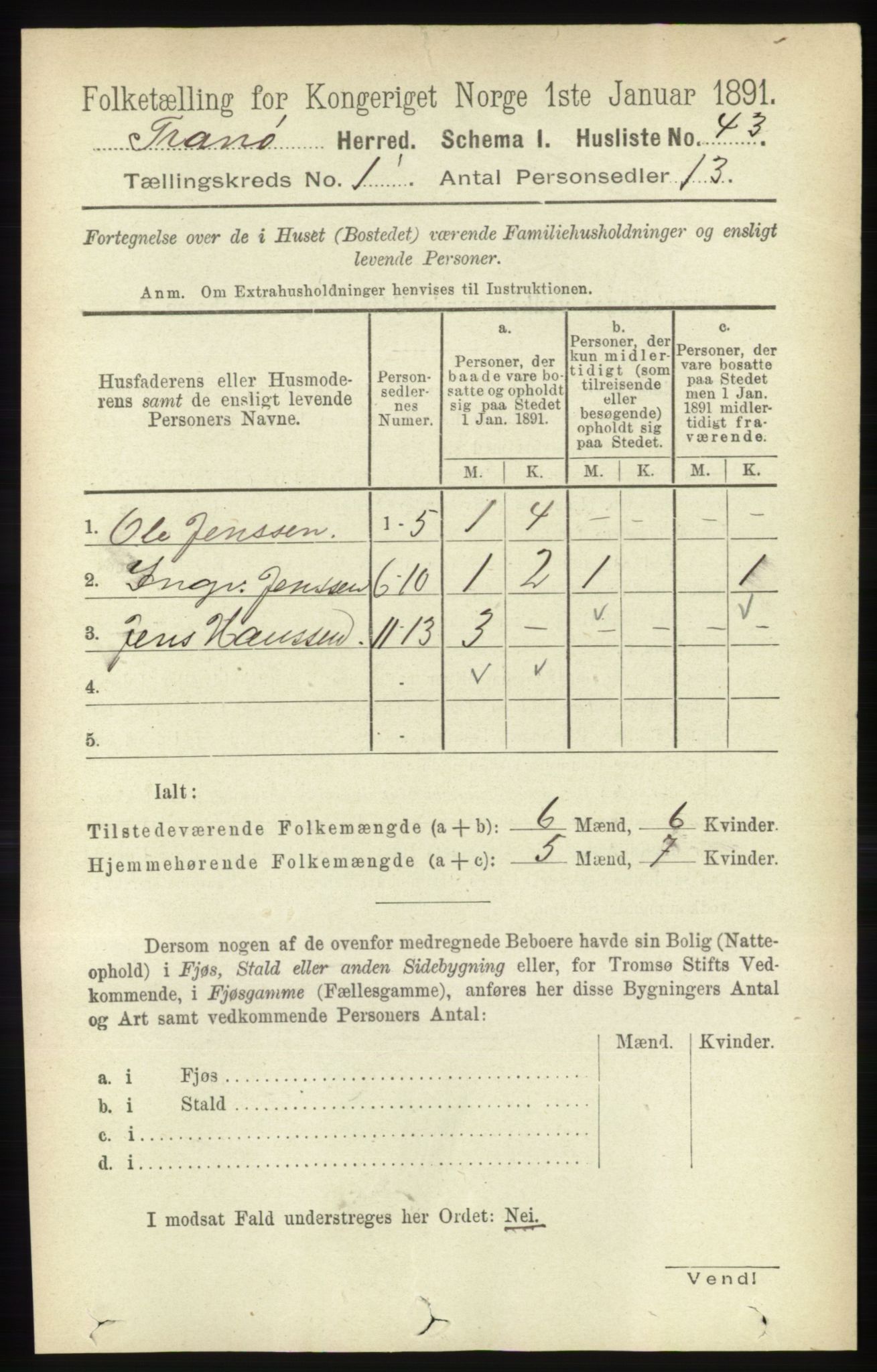 RA, 1891 census for 1927 Tranøy, 1891, p. 58