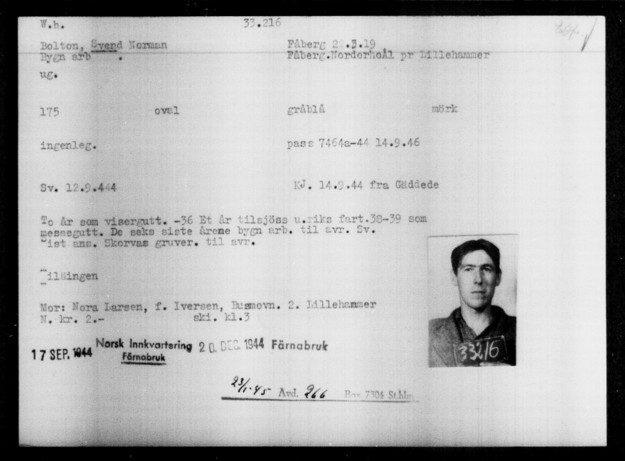 Utenriksstasjonene, Legasjonen i Stockholm, Flyktningkontoret, AV/RA-S-6753/V/Va/L0013: Kjesäterkartoteket, flyktninger med registreringsnr. 31500-34731, 1940-1945, p. 1802