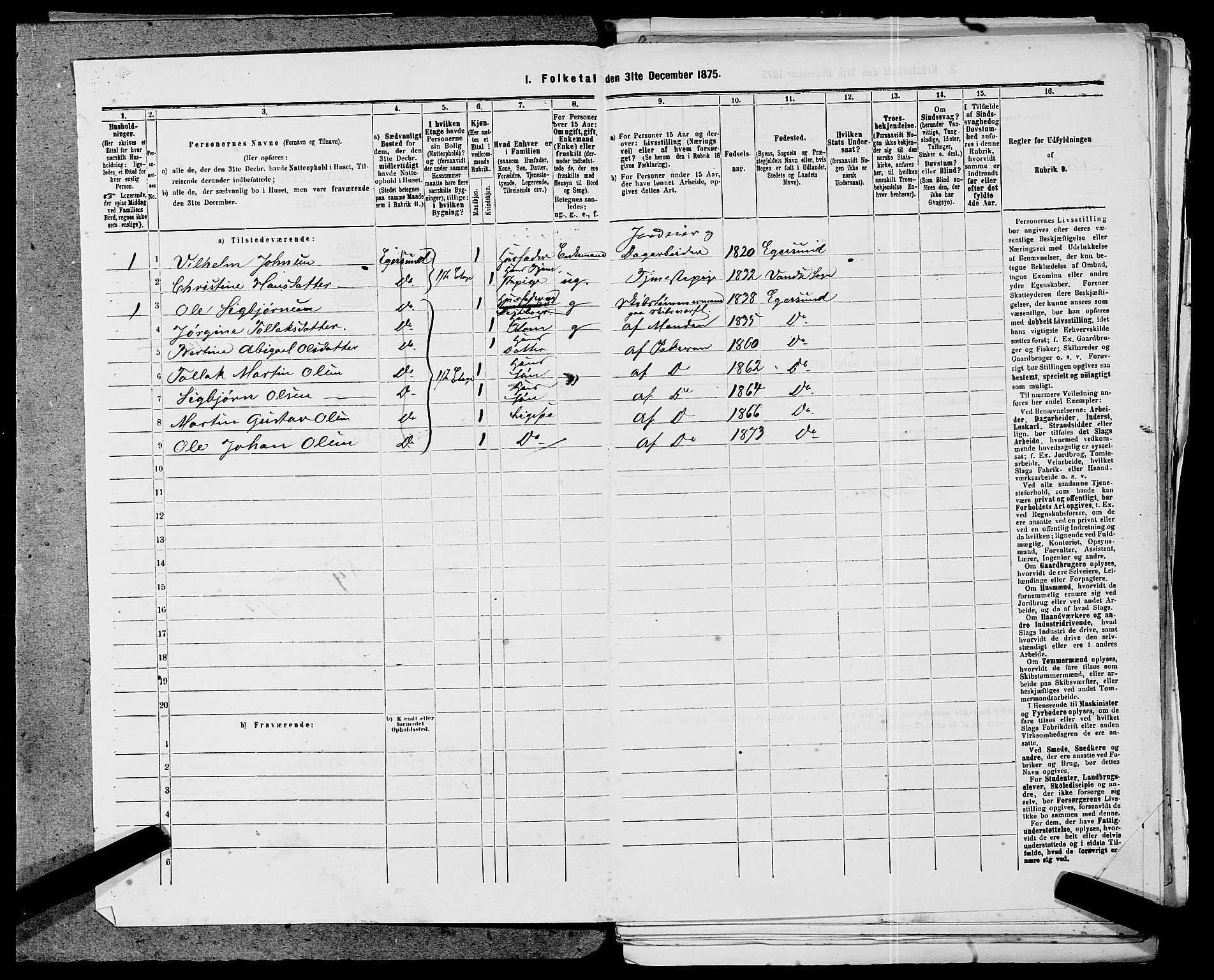 SAST, 1875 census for 1101B Eigersund parish, Egersund town, 1875, p. 94