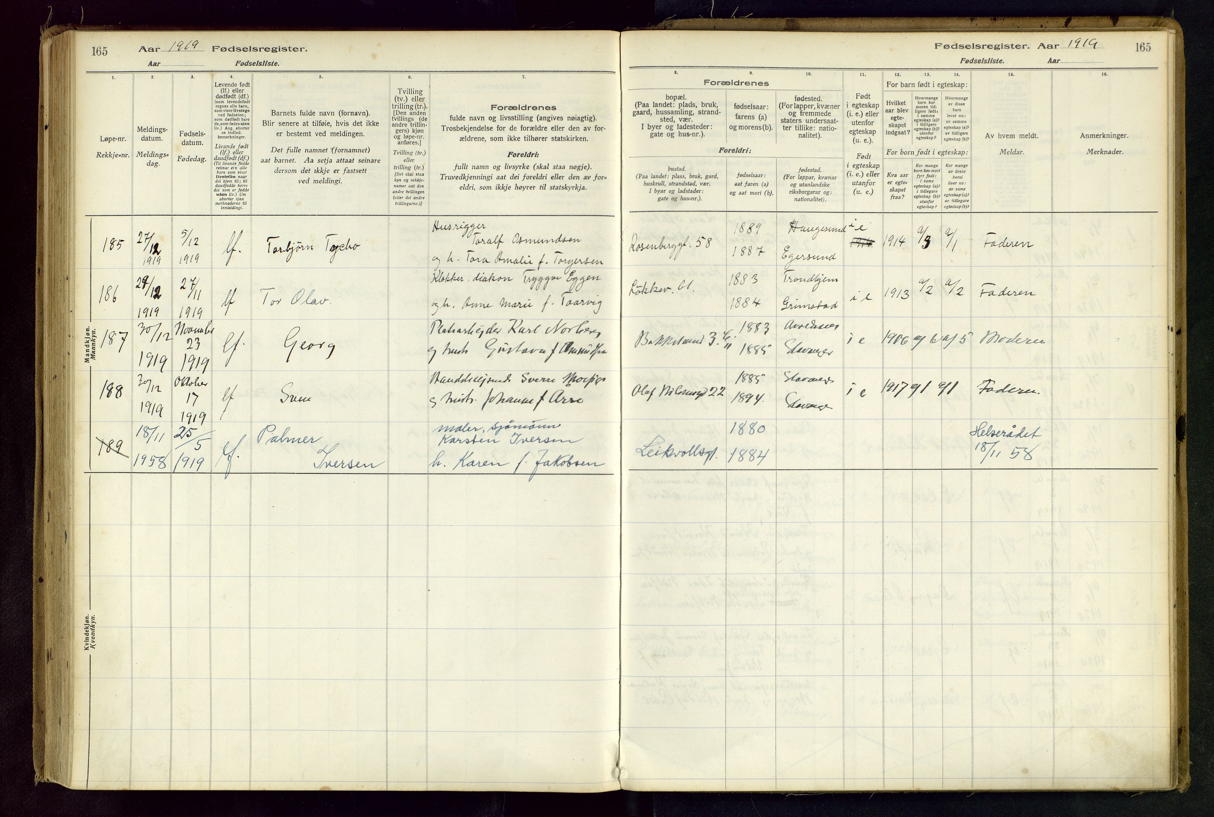 Domkirken sokneprestkontor, AV/SAST-A-101812/002/B/L0001: Birth register no. 1, 1916-1920, p. 165