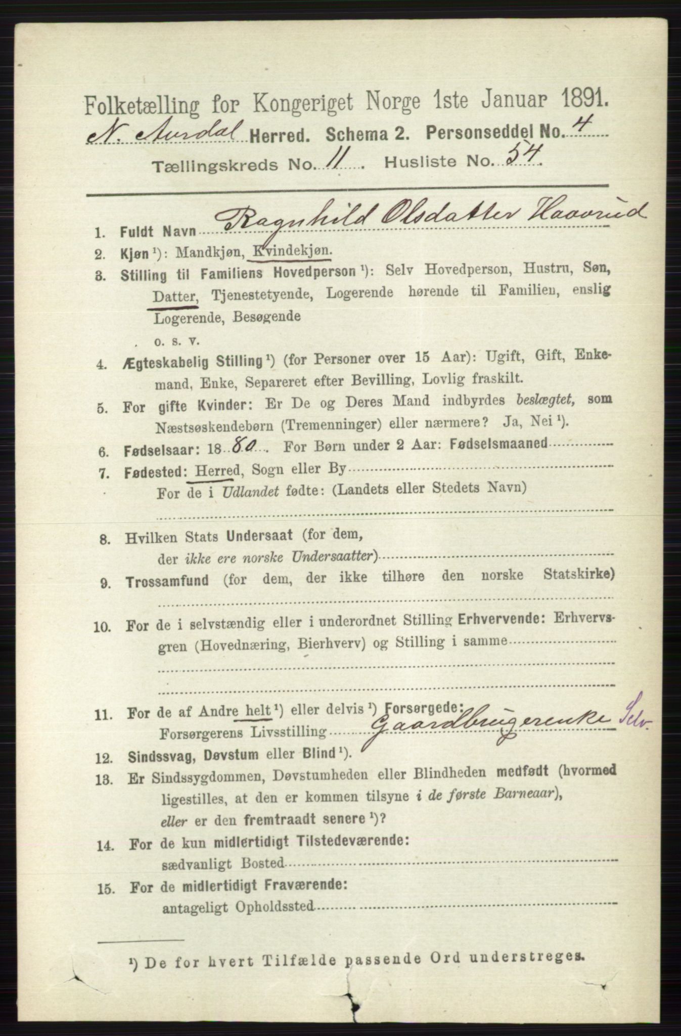 RA, 1891 census for 0542 Nord-Aurdal, 1891, p. 4459