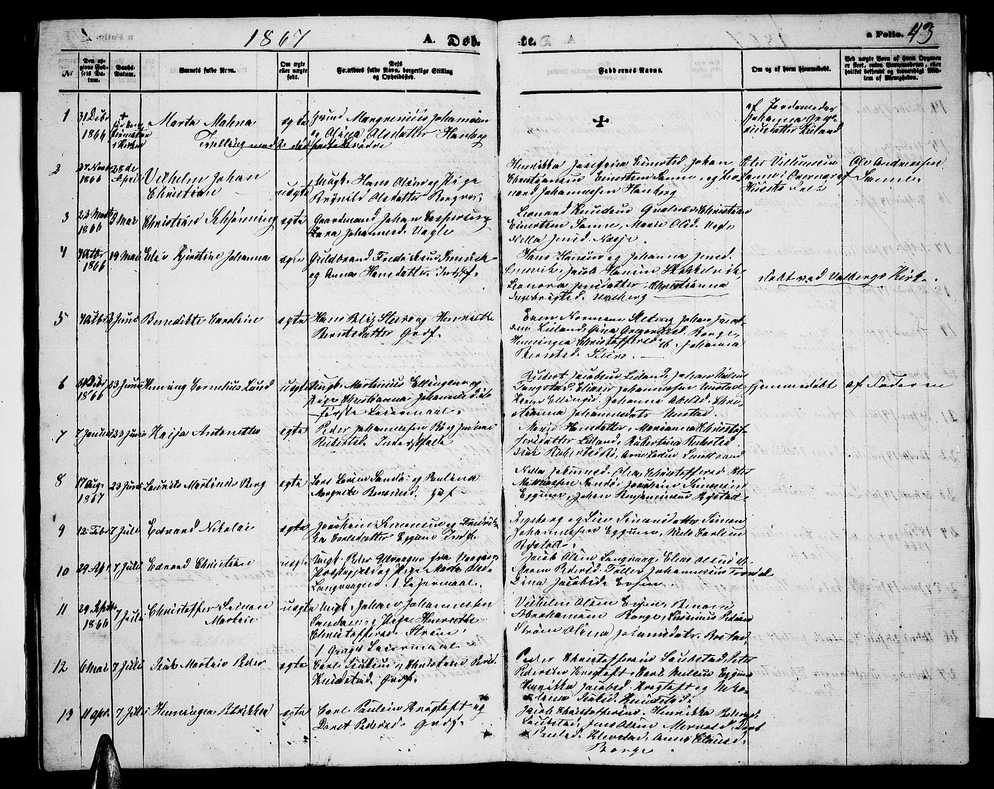 Ministerialprotokoller, klokkerbøker og fødselsregistre - Nordland, AV/SAT-A-1459/880/L1140: Parish register (copy) no. 880C02, 1861-1875, p. 43
