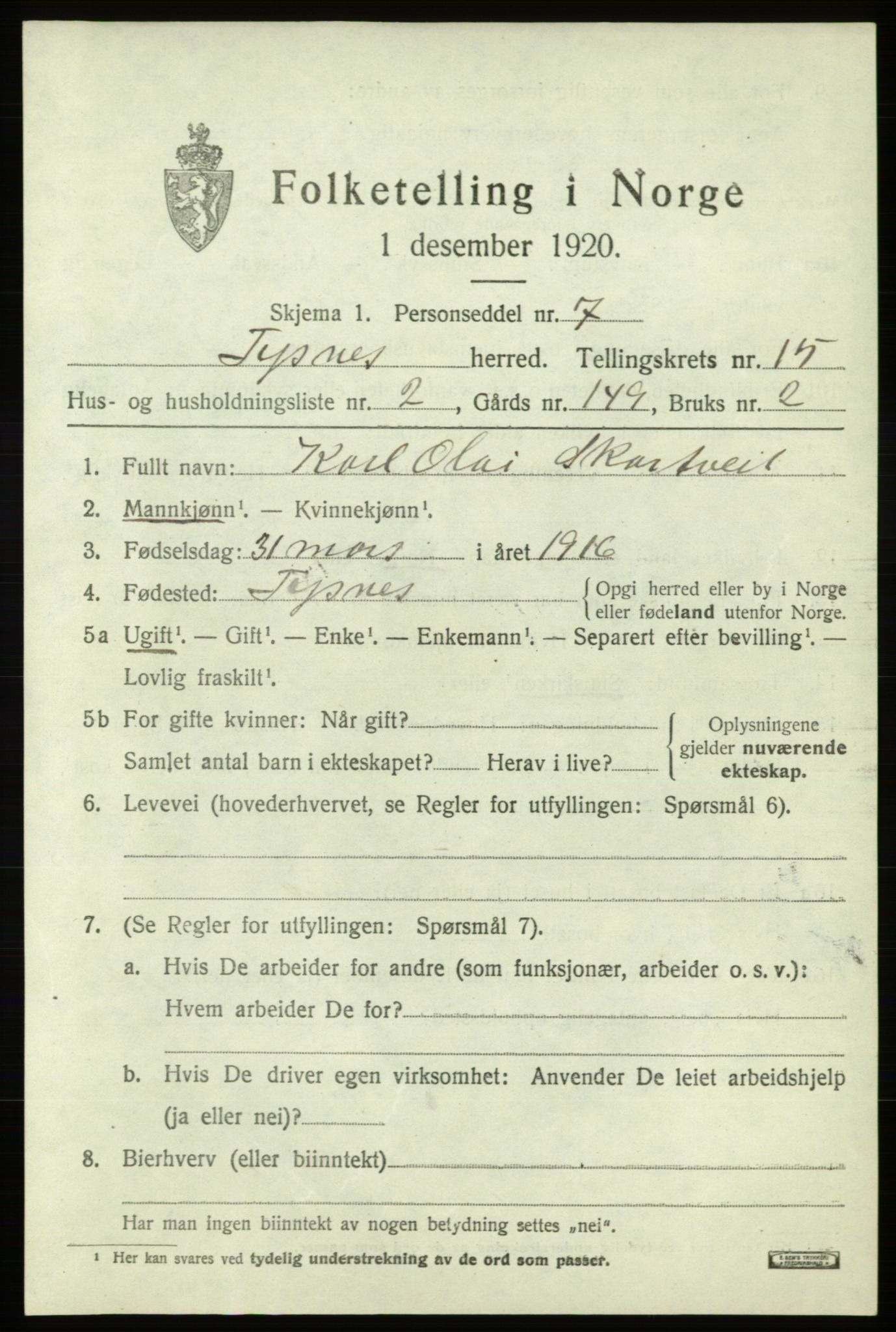 SAB, 1920 census for Tysnes, 1920, p. 9956