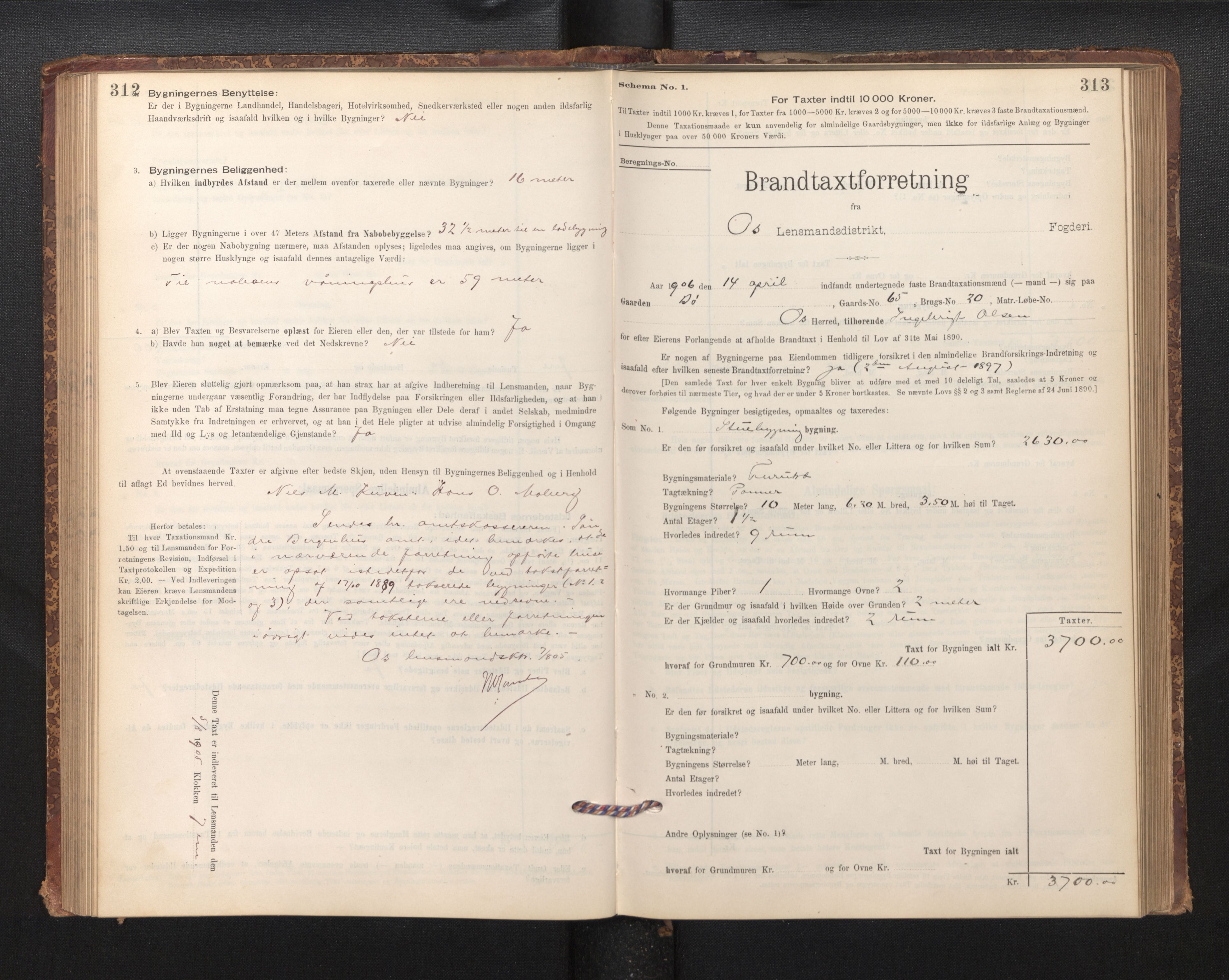 Lensmannen i Os, SAB/A-34101/0012/L0008: Branntakstprotokoll, skjematakst, 1894-1915, p. 312-313