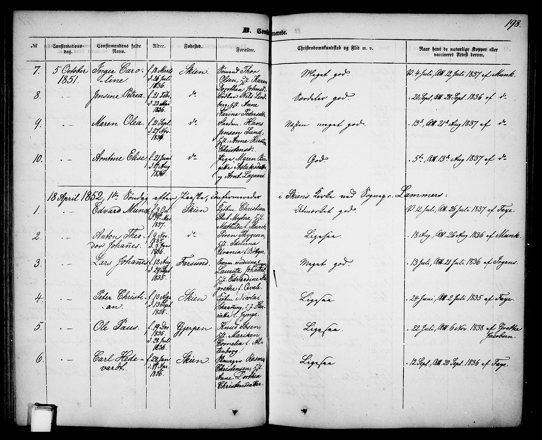 Skien kirkebøker, SAKO/A-302/G/Ga/L0004: Parish register (copy) no. 4, 1843-1867, p. 198