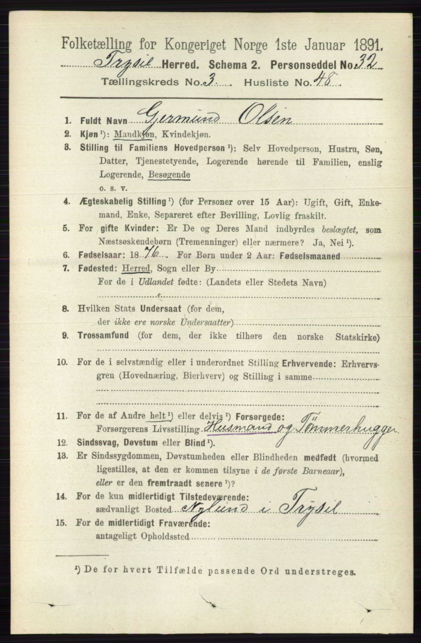 RA, 1891 census for 0428 Trysil, 1891, p. 1760