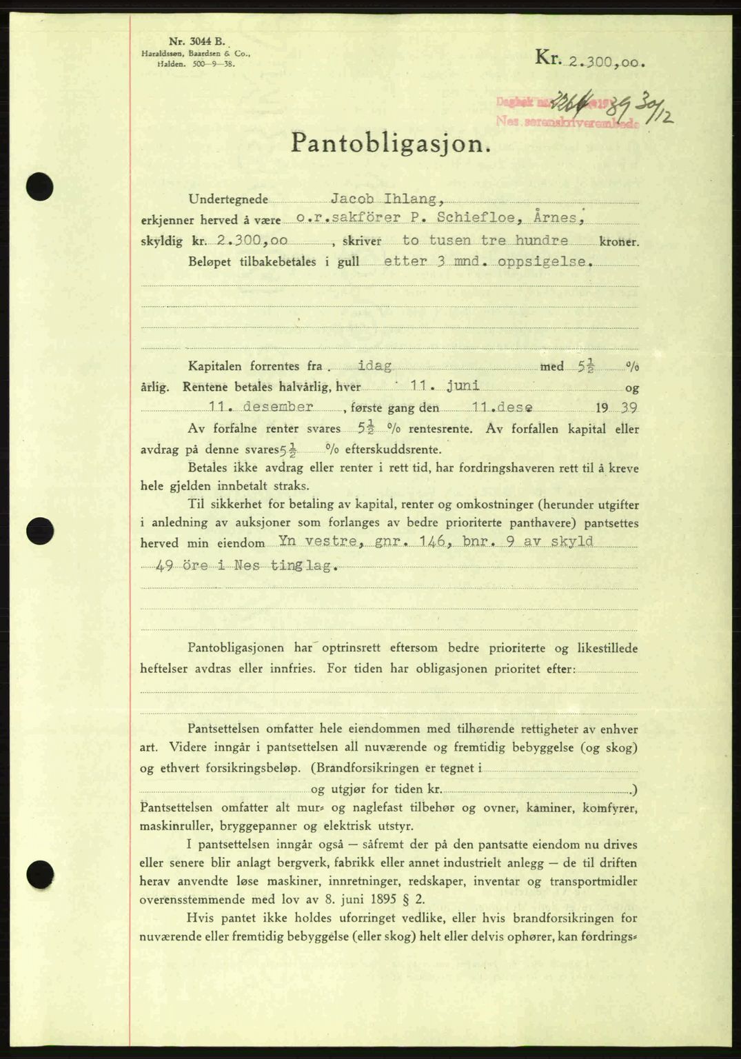 Nes tingrett, SAO/A-10548/G/Gb/Gbb/L0010: Mortgage book no. 54, 1939-1940, Diary no: : 2264/1939