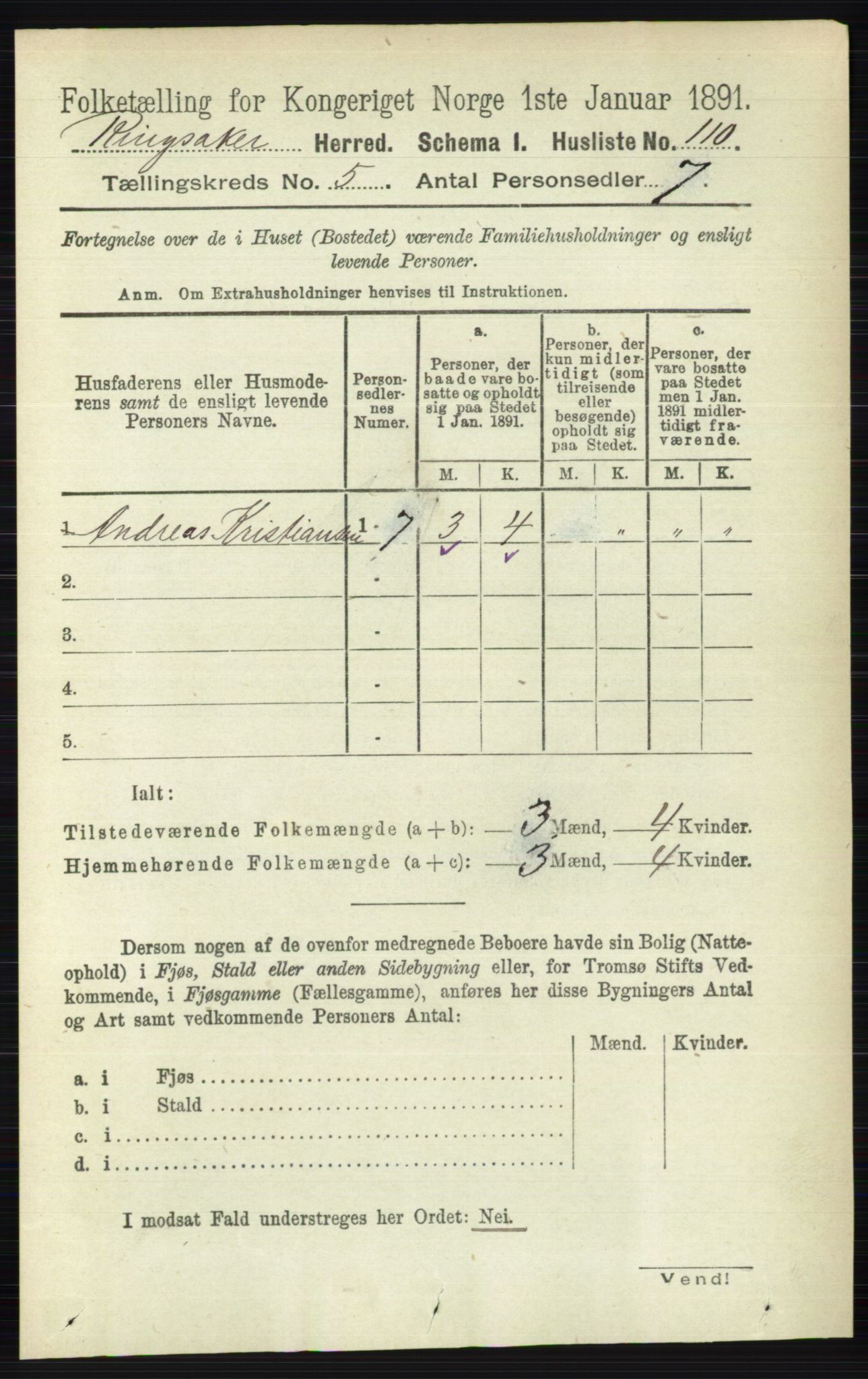 RA, 1891 census for 0412 Ringsaker, 1891, p. 2405