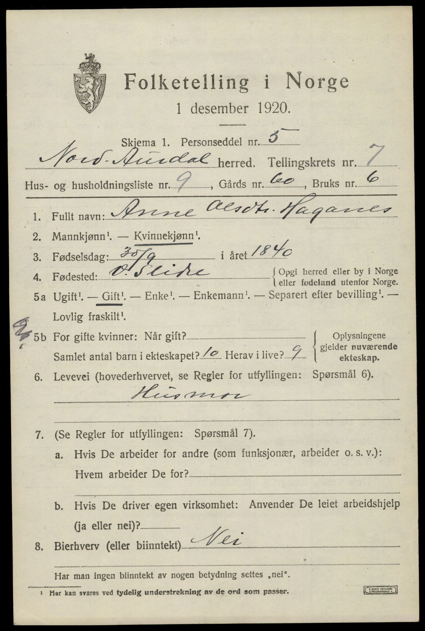 SAH, 1920 census for Nord-Aurdal, 1920, p. 6766