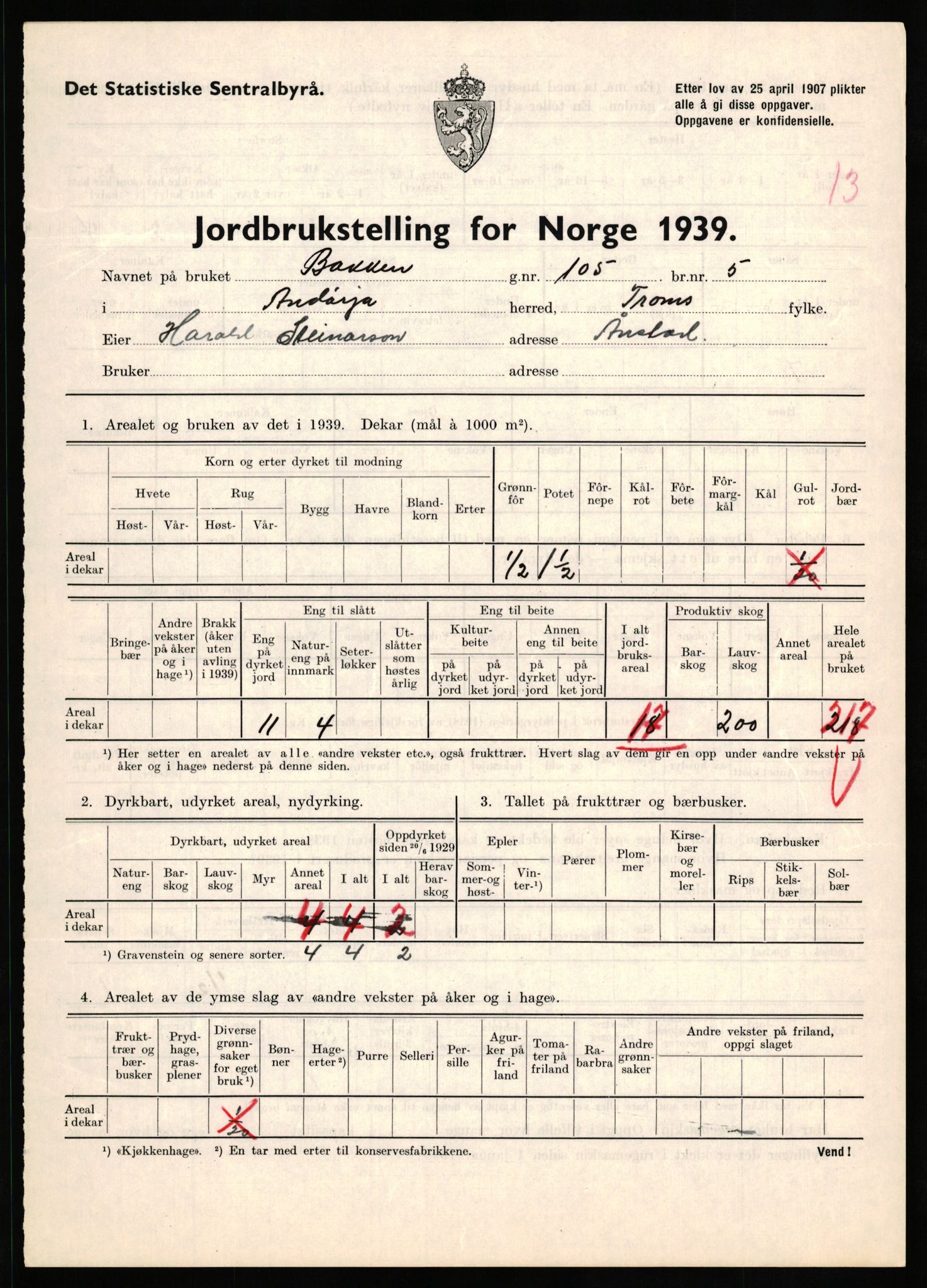 Statistisk sentralbyrå, Næringsøkonomiske emner, Jordbruk, skogbruk, jakt, fiske og fangst, AV/RA-S-2234/G/Gb/L0339: Troms: Andørja, Astafjord og Lavangen, 1939, p. 554